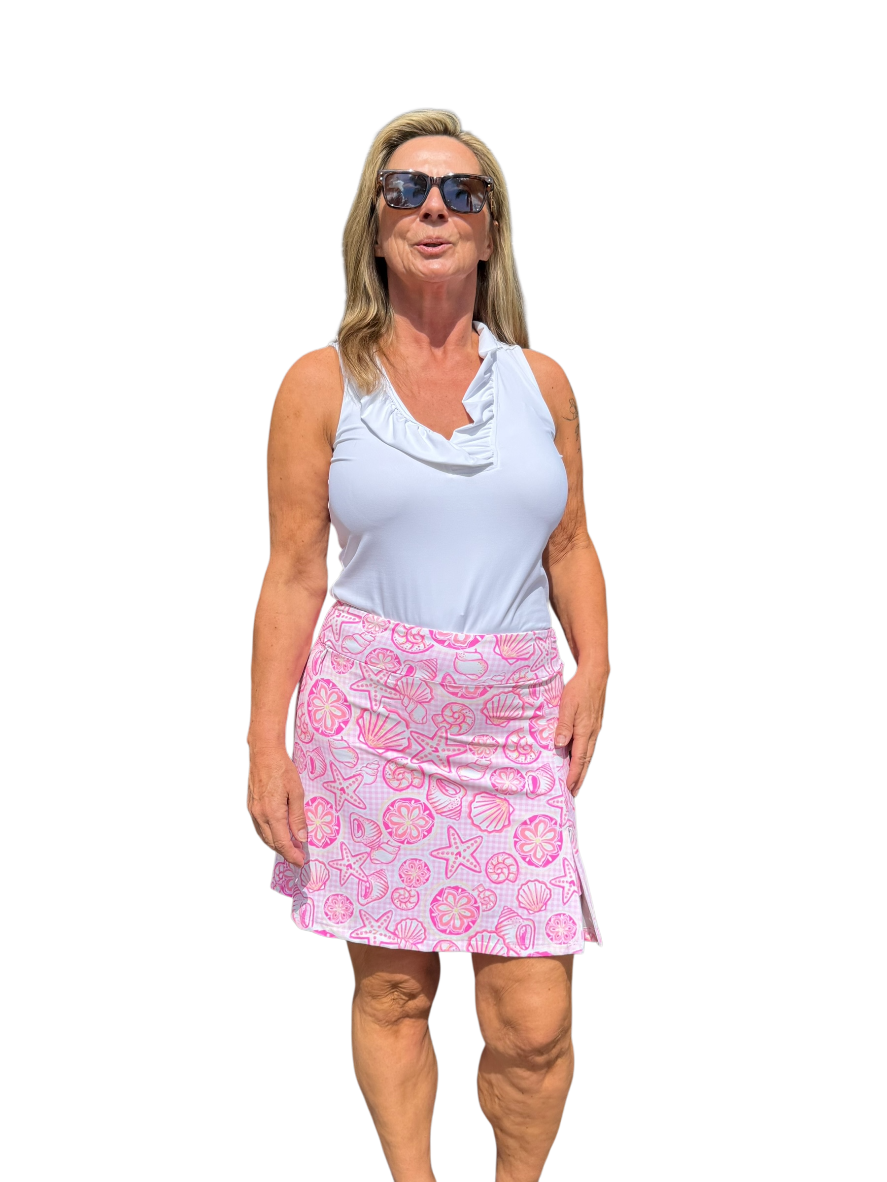 Pull - on Zip Skort with UPF50+ Ocean Shells Pink - Back of the Bay Boutique