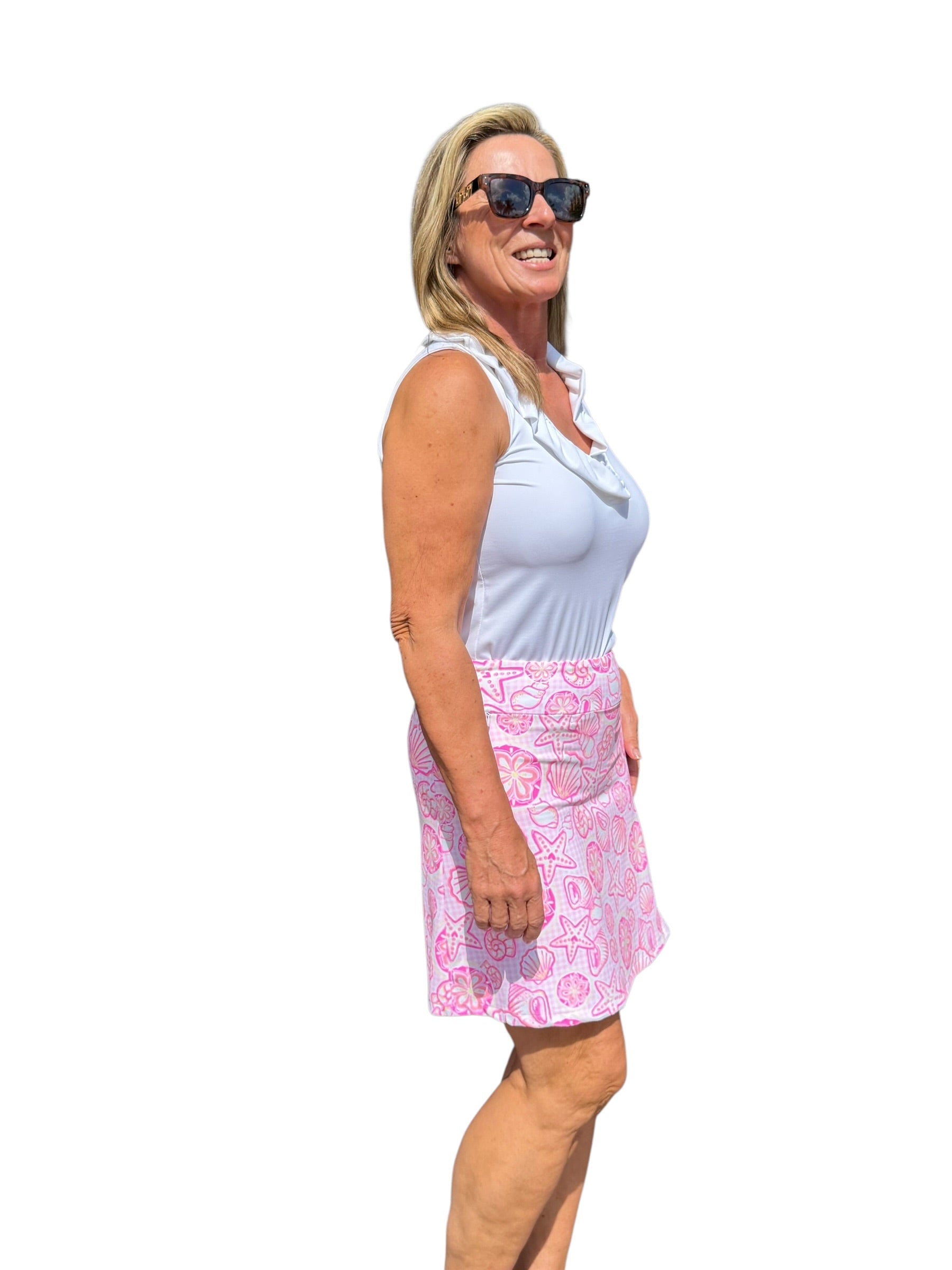 Pull - on Zip Skort with UPF50+ Ocean Shells Pink - Back of the Bay Boutique
