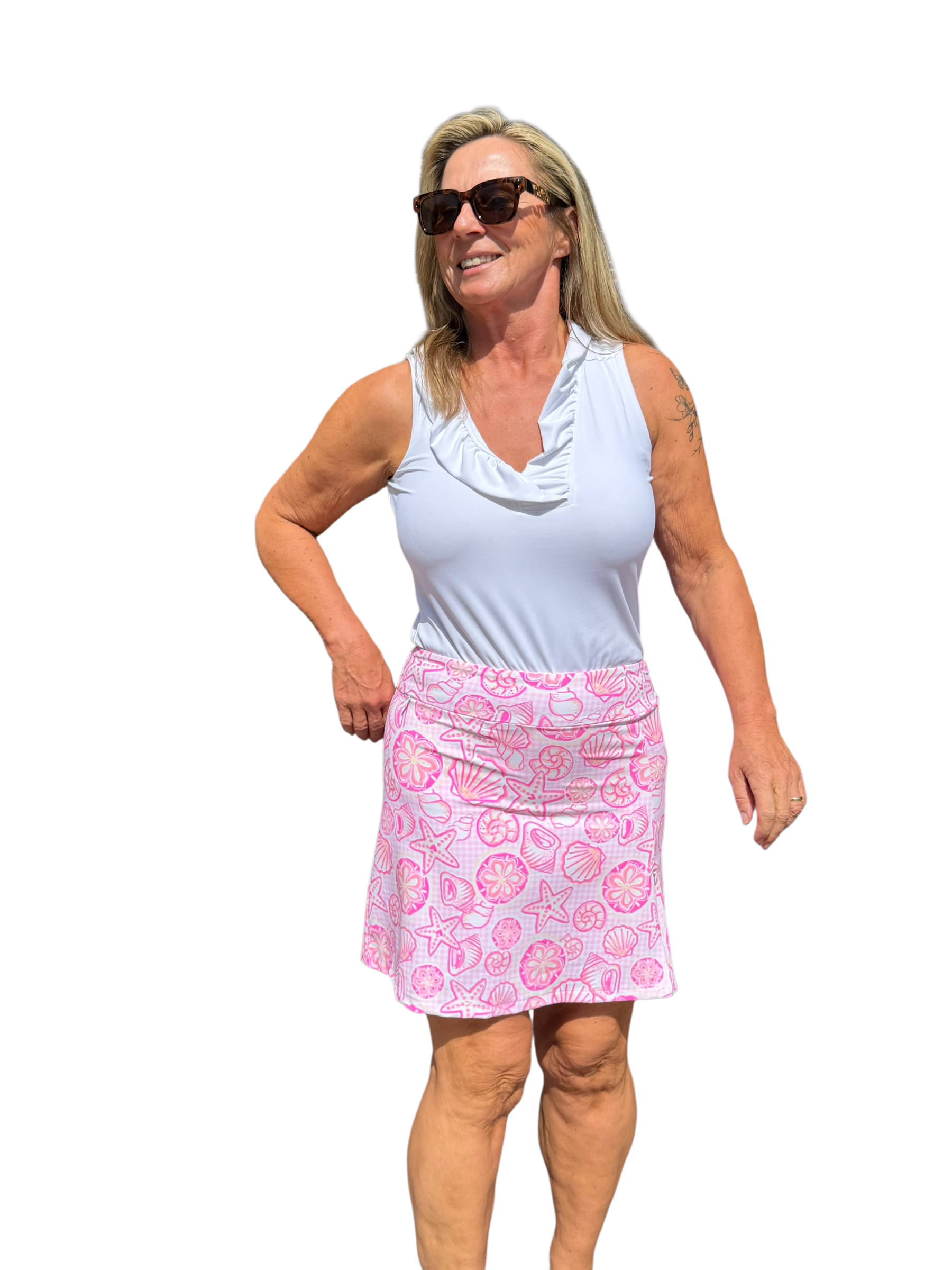 Pull - on Zip Skort with UPF50+ Ocean Shells Pink - Back of the Bay Boutique