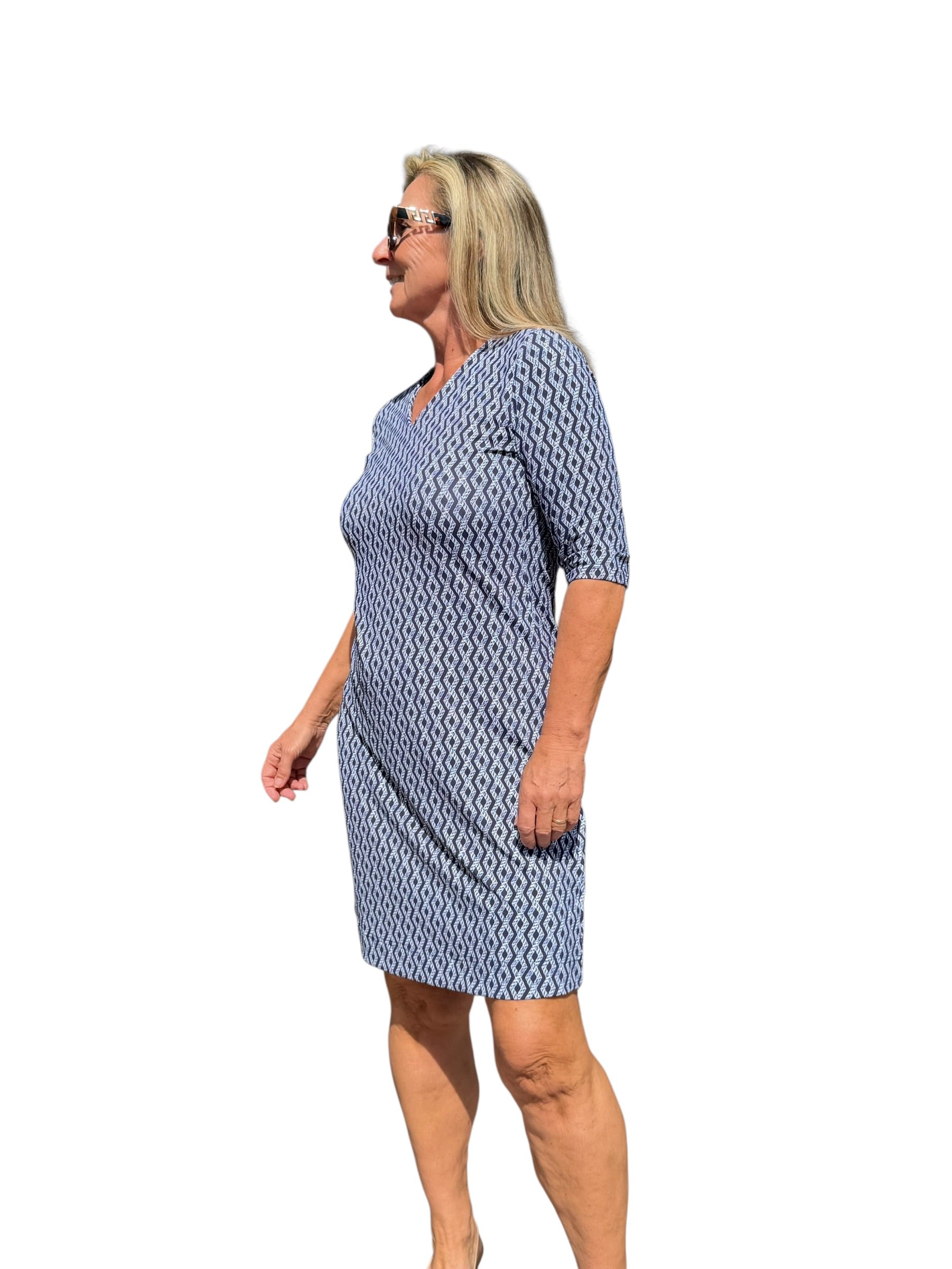 Elbow - Sleeve Travel Dress with UPF50+ Nautical Ropes Navy - Back of the Bay Boutique