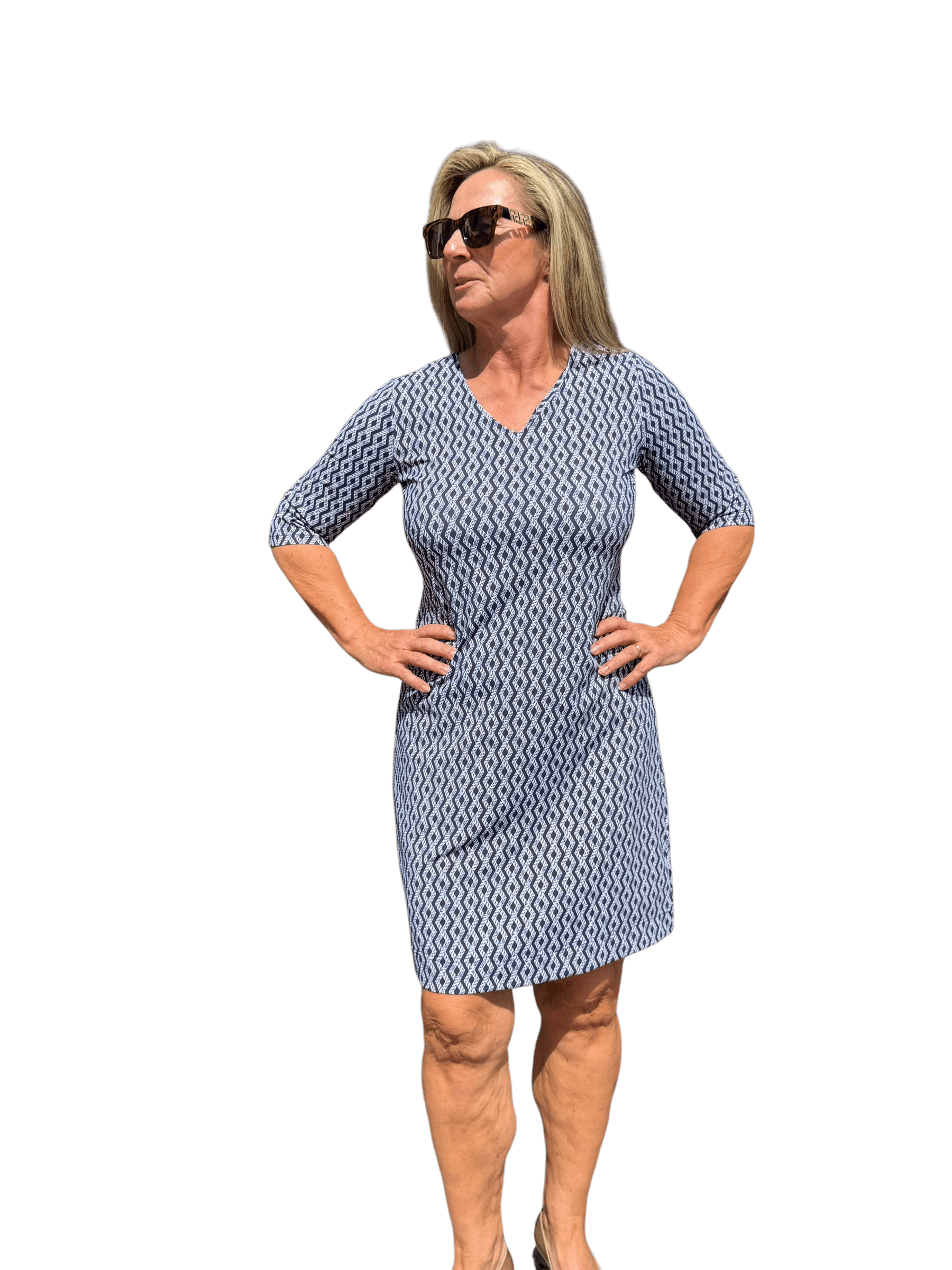 Elbow - Sleeve Travel Dress with UPF50+ Nautical Ropes Navy - Back of the Bay Boutique