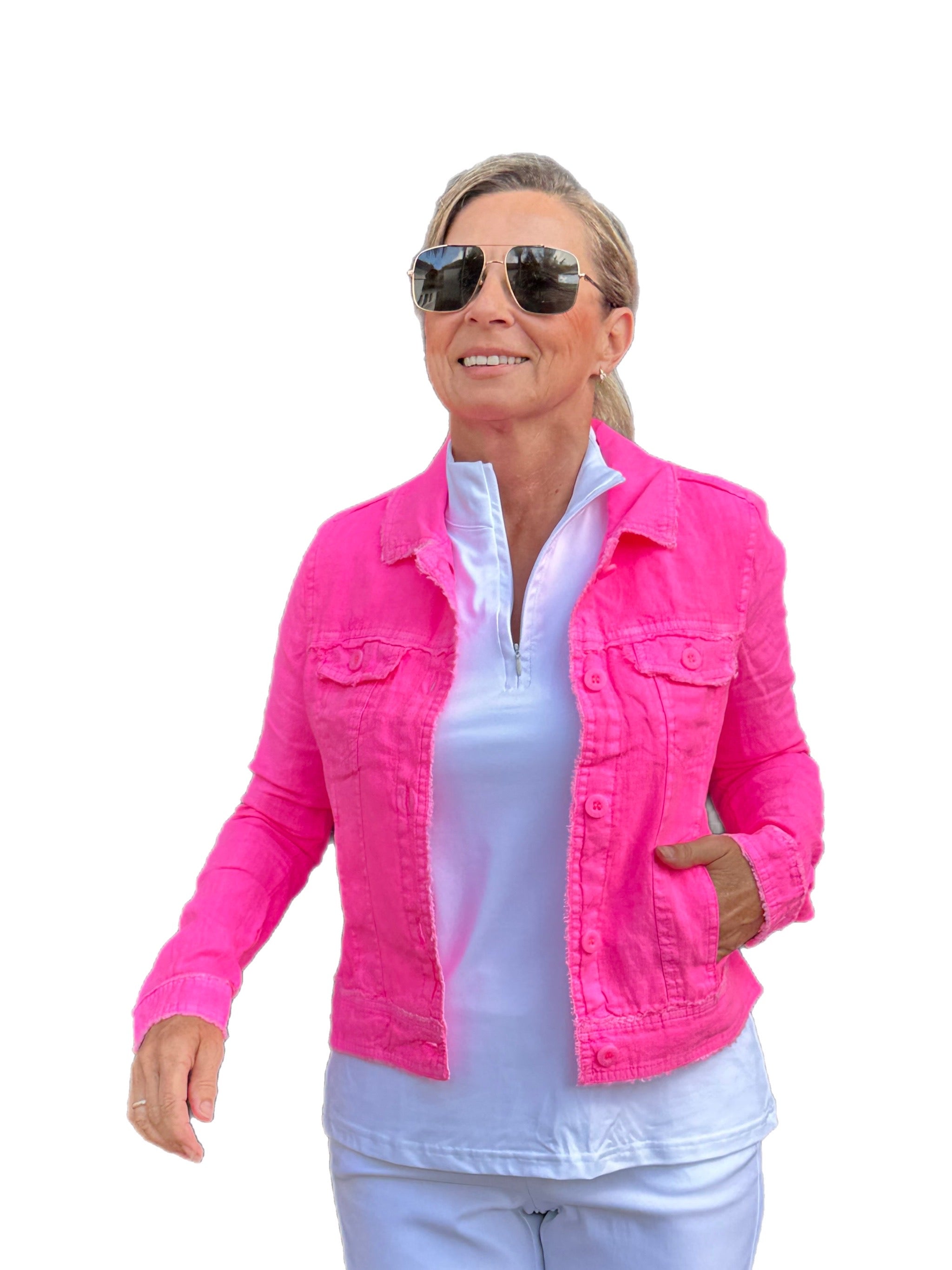 Long-Sleeve Linen Jacket Bright Hot Pink - Back of the Bay Boutique