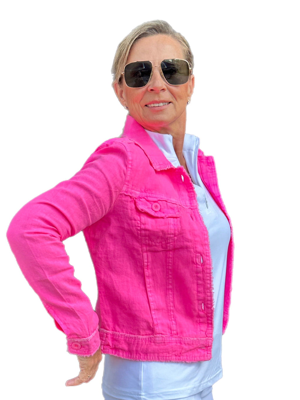 Long-Sleeve Linen Jacket Bright Hot Pink - Back of the Bay Boutique