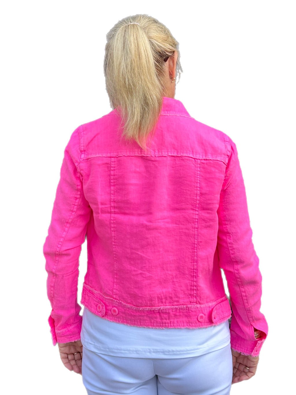 Long-Sleeve Linen Jacket Bright Hot Pink - Back of the Bay Boutique