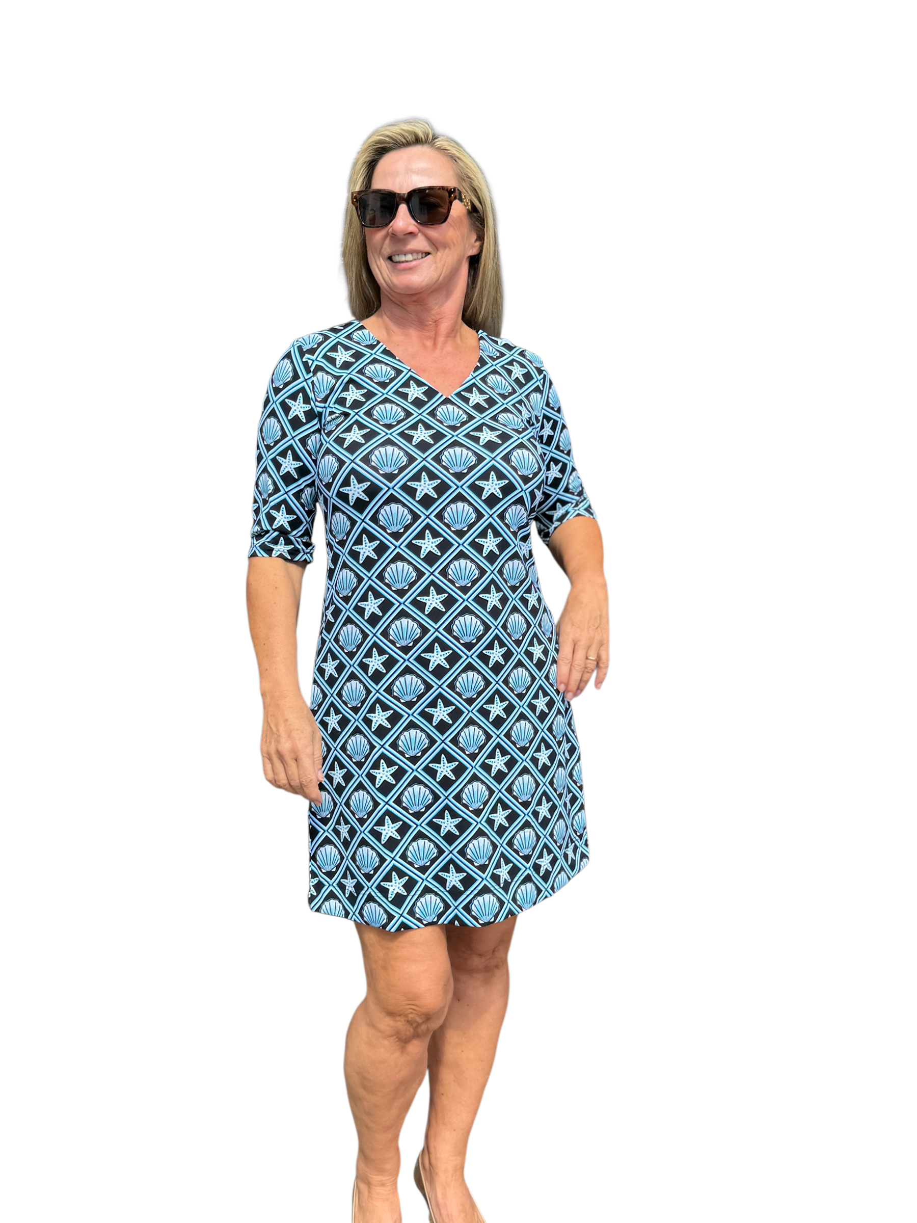 Elbow - Sleeve Travel Dress with UPF50+ Black Seashells - Back of the Bay Boutique