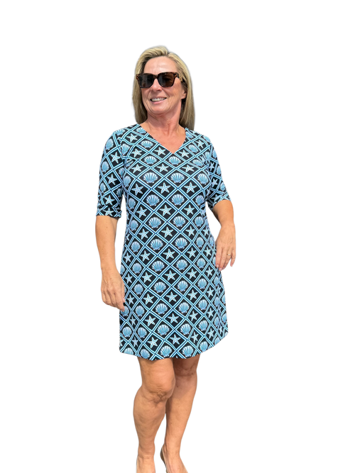 Elbow - Sleeve Travel Dress with UPF50+ Black Seashells - Back of the Bay Boutique