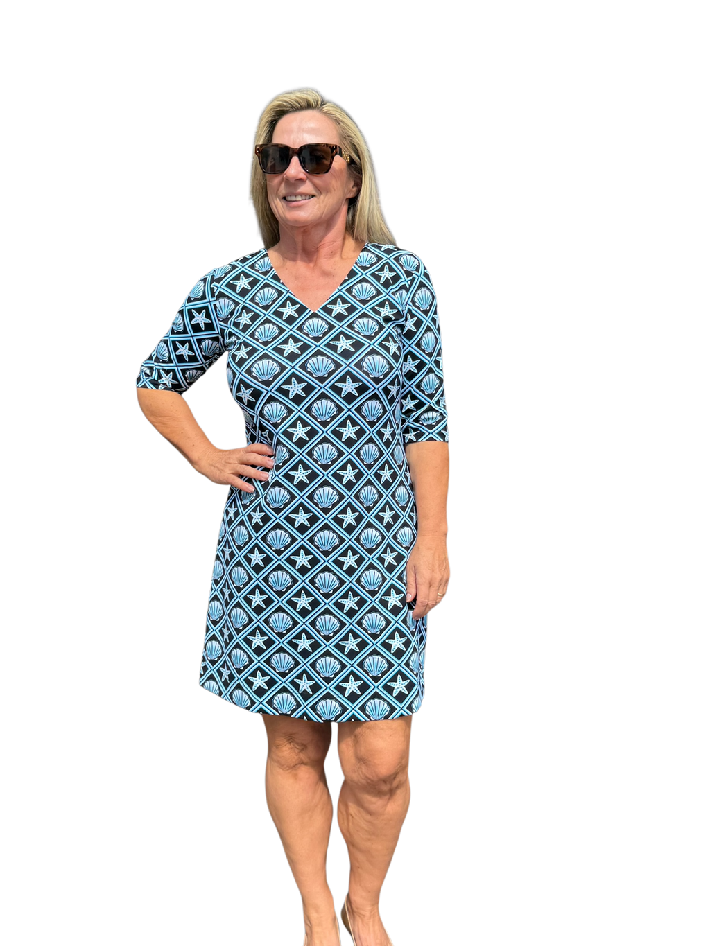 Elbow - Sleeve Travel Dress with UPF50+ Black Seashells - Back of the Bay Boutique