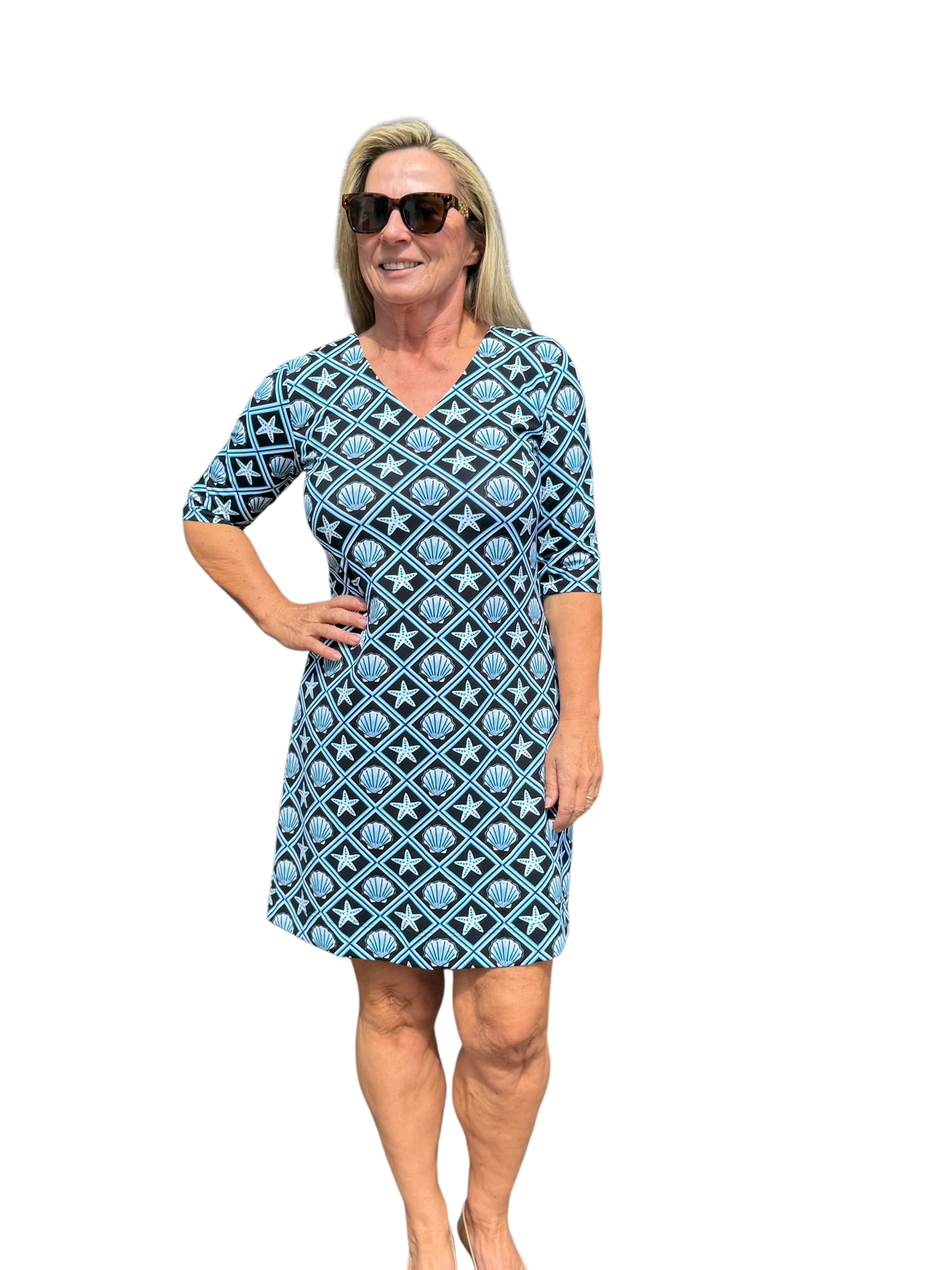 Elbow - Sleeve Travel Dress with UPF50+ Black Seashells - Back of the Bay Boutique