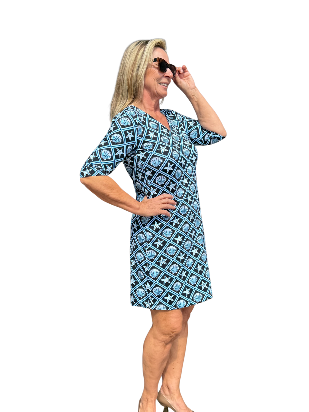 Elbow - Sleeve Travel Dress with UPF50+ Black Seashells - Back of the Bay Boutique