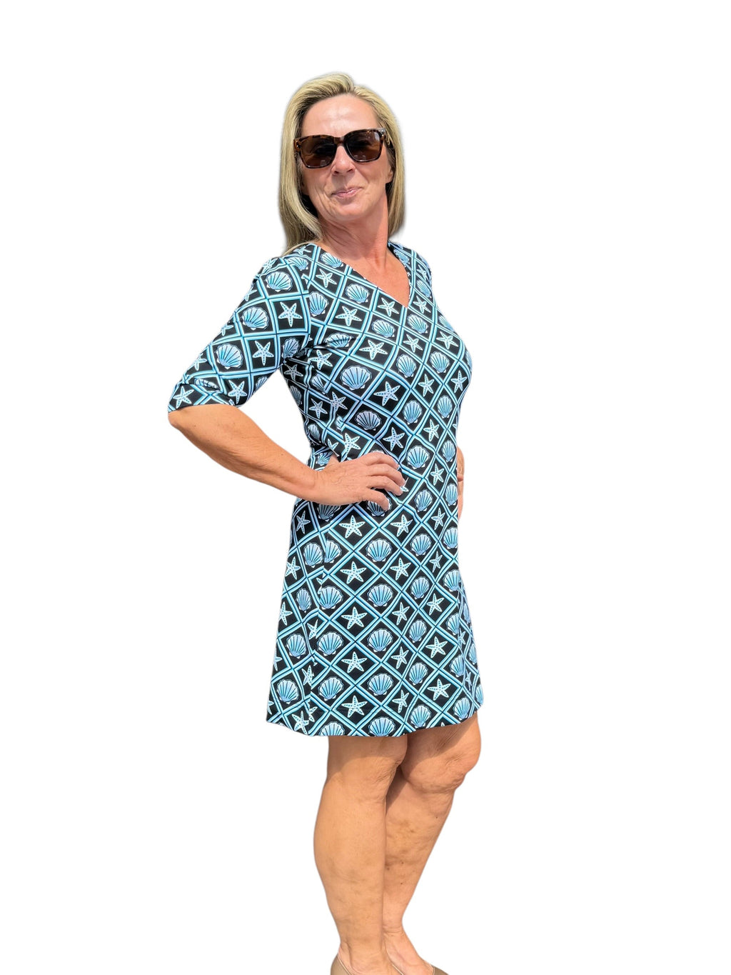 Elbow - Sleeve Travel Dress with UPF50+ Black Seashells - Back of the Bay Boutique