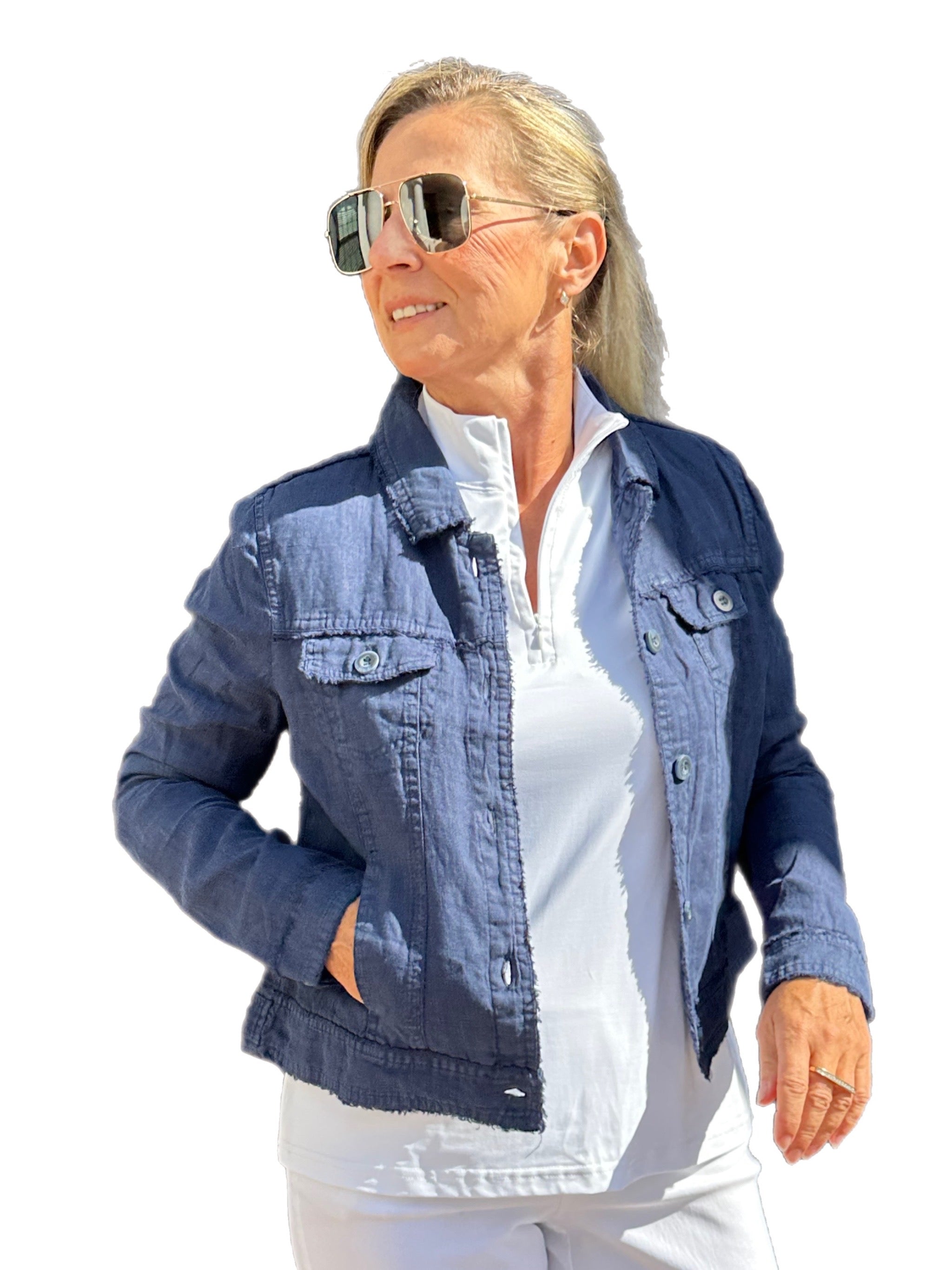 Long-Sleeve Linen Jacket Navy - Back of the Bay Boutique