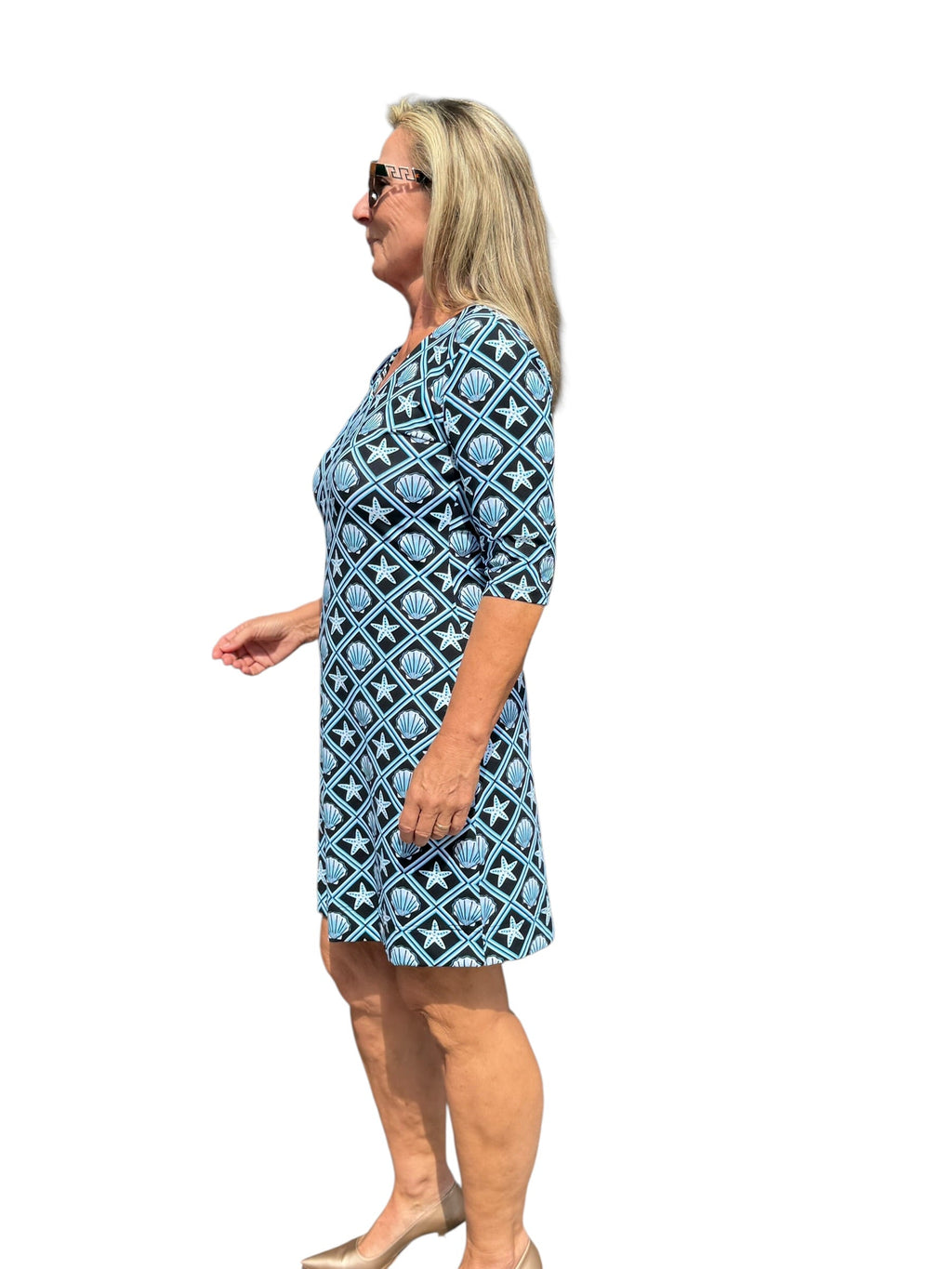 Elbow - Sleeve Travel Dress with UPF50+ Black Seashells - Back of the Bay Boutique