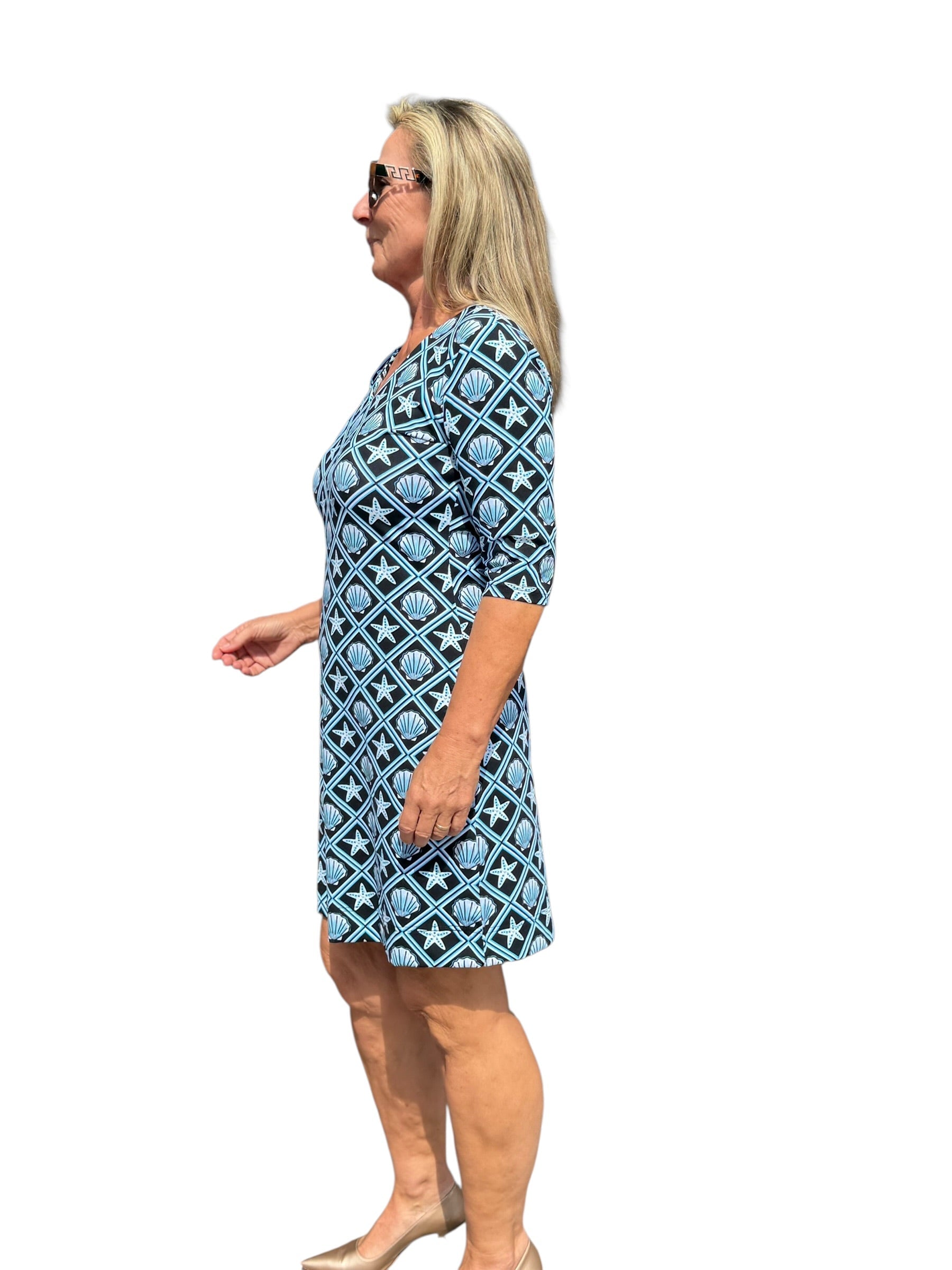 Elbow - Sleeve Travel Dress with UPF50+ Black Seashells - Back of the Bay Boutique