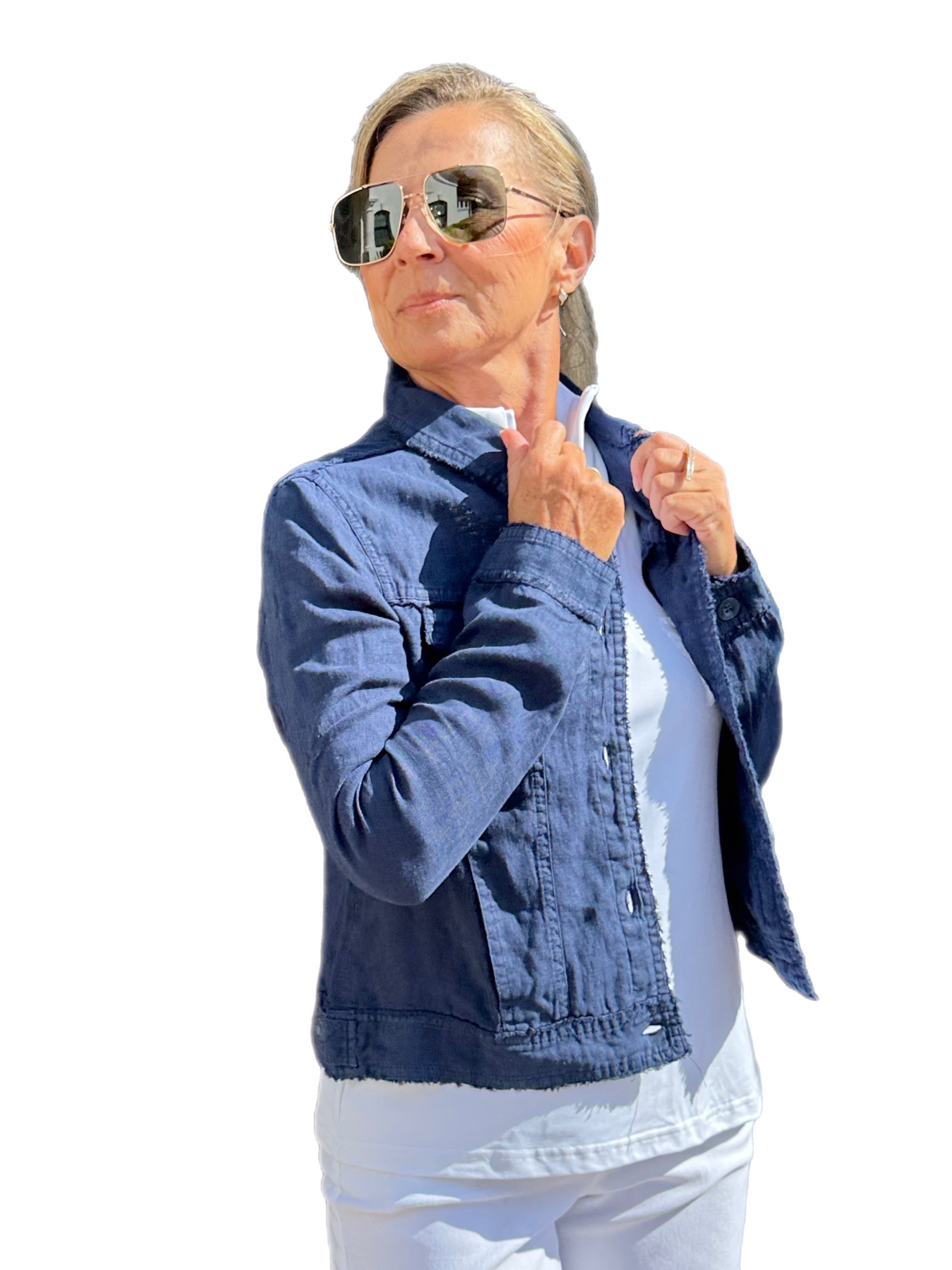 Long-Sleeve Linen Jacket Navy - Back of the Bay Boutique