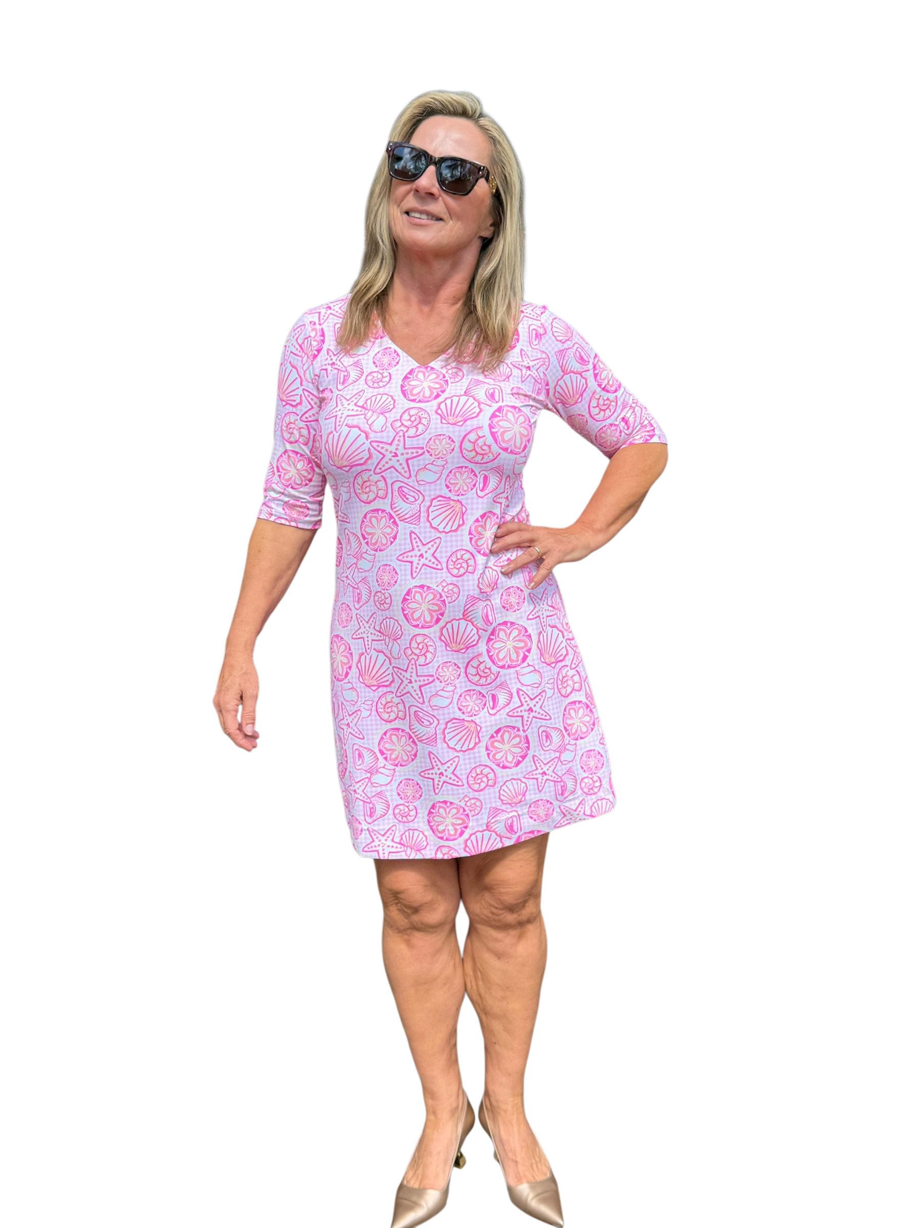 Elbow - Sleeve Travel Dress with UPF50+ Ocean Shells Pink - Back of the Bay Boutique