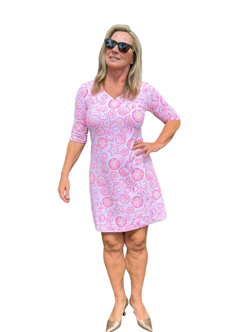 Elbow - Sleeve Travel Dress with UPF50+ Ocean Shells Pink - Back of the Bay Boutique