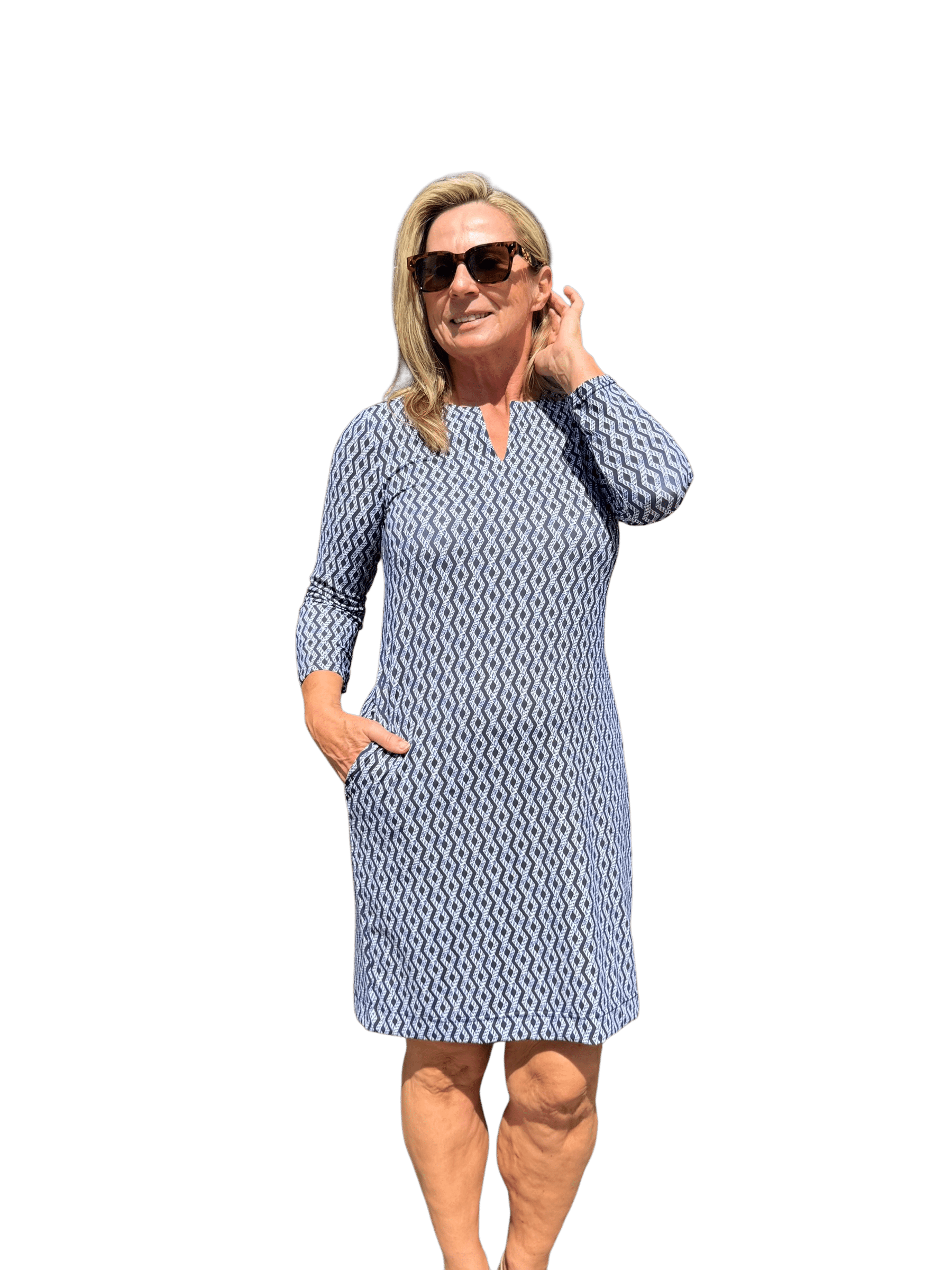 Notched V - Neck Travel Dress with UPF50+ Nautical Ropes Navy - Back of the Bay Boutique