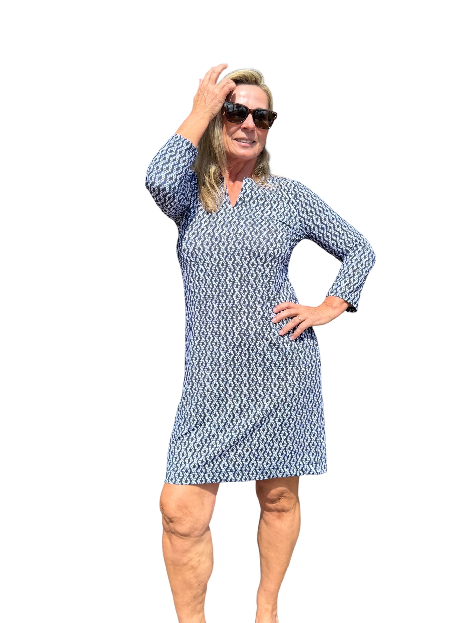 Notched V - Neck Travel Dress with UPF50+ Nautical Ropes Navy - Back of the Bay Boutique
