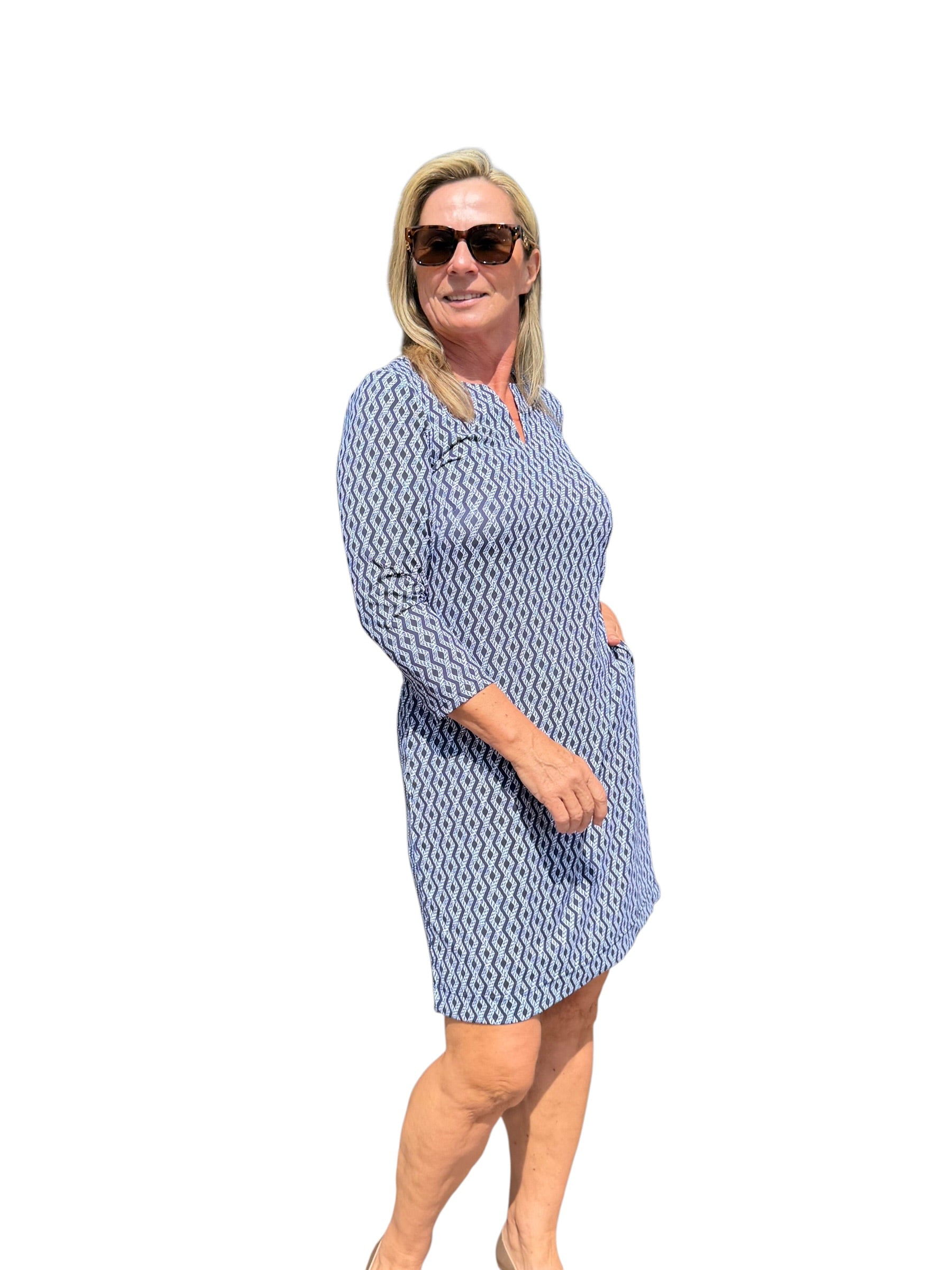 Notched V - Neck Travel Dress with UPF50+ Nautical Ropes Navy - Back of the Bay Boutique