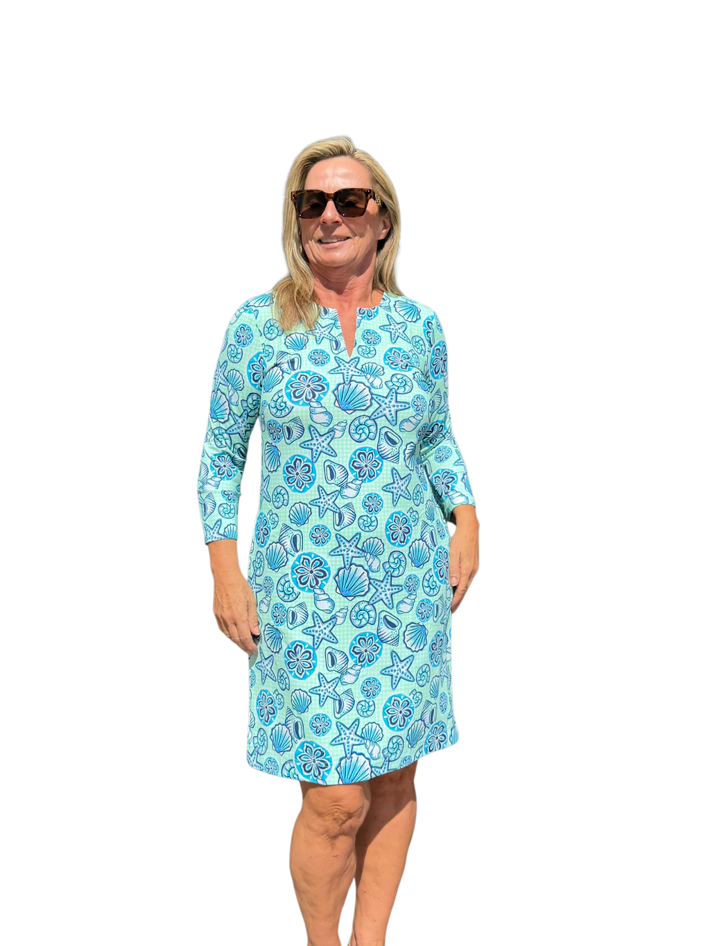 Notched V - Neck Travel Dress with UPF50+ Ocean Shells Blue - Back of the Bay Boutique