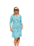 Notched V - Neck Travel Dress with UPF50+ Ocean Shells Blue - Back of the Bay Boutique