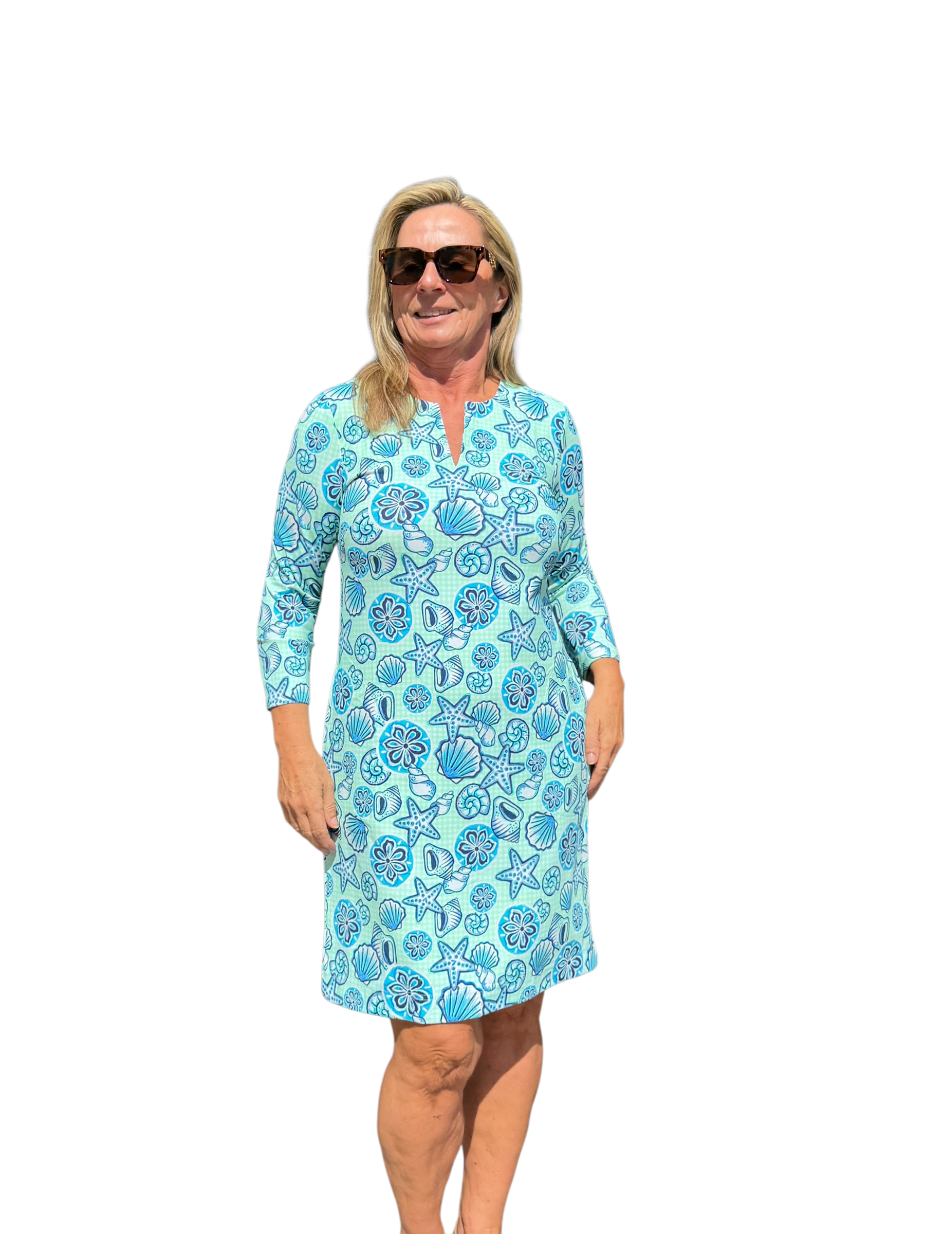 Notched V - Neck Travel Dress with UPF50+ Ocean Shells Blue - Back of the Bay Boutique