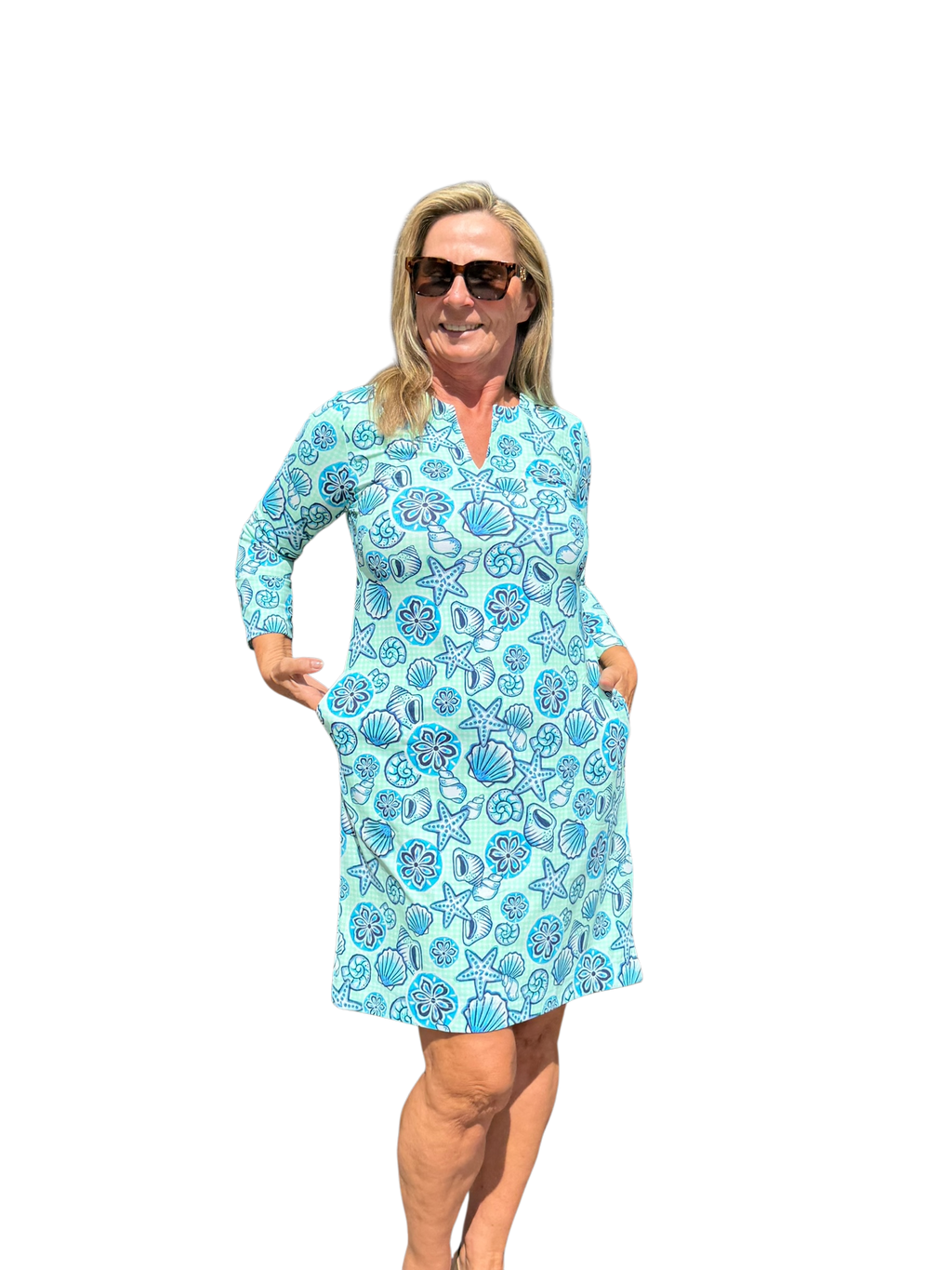 Notched V - Neck Travel Dress with UPF50+ Ocean Shells Blue - Back of the Bay Boutique