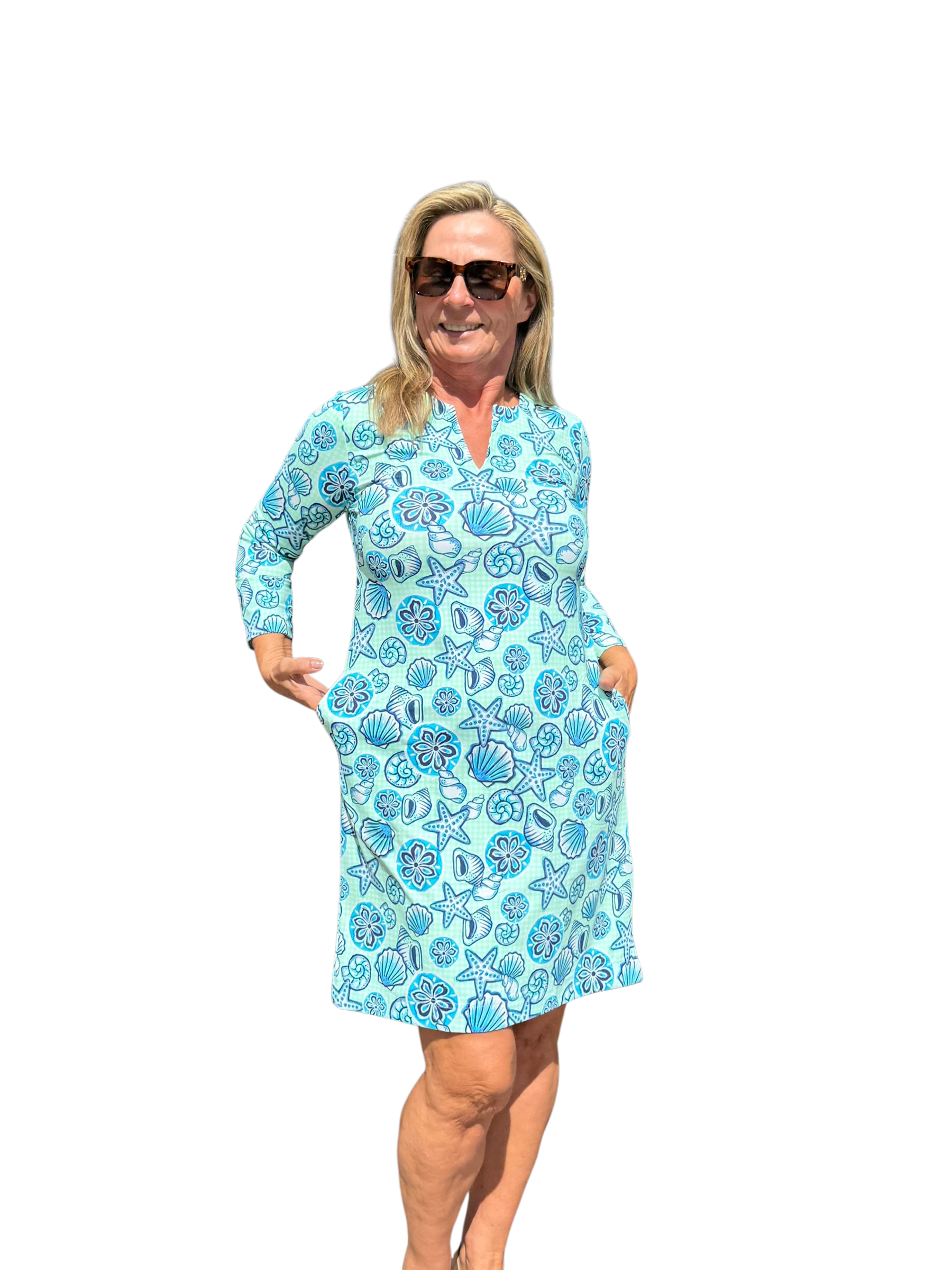 Notched V - Neck Travel Dress with UPF50+ Ocean Shells Blue - Back of the Bay Boutique