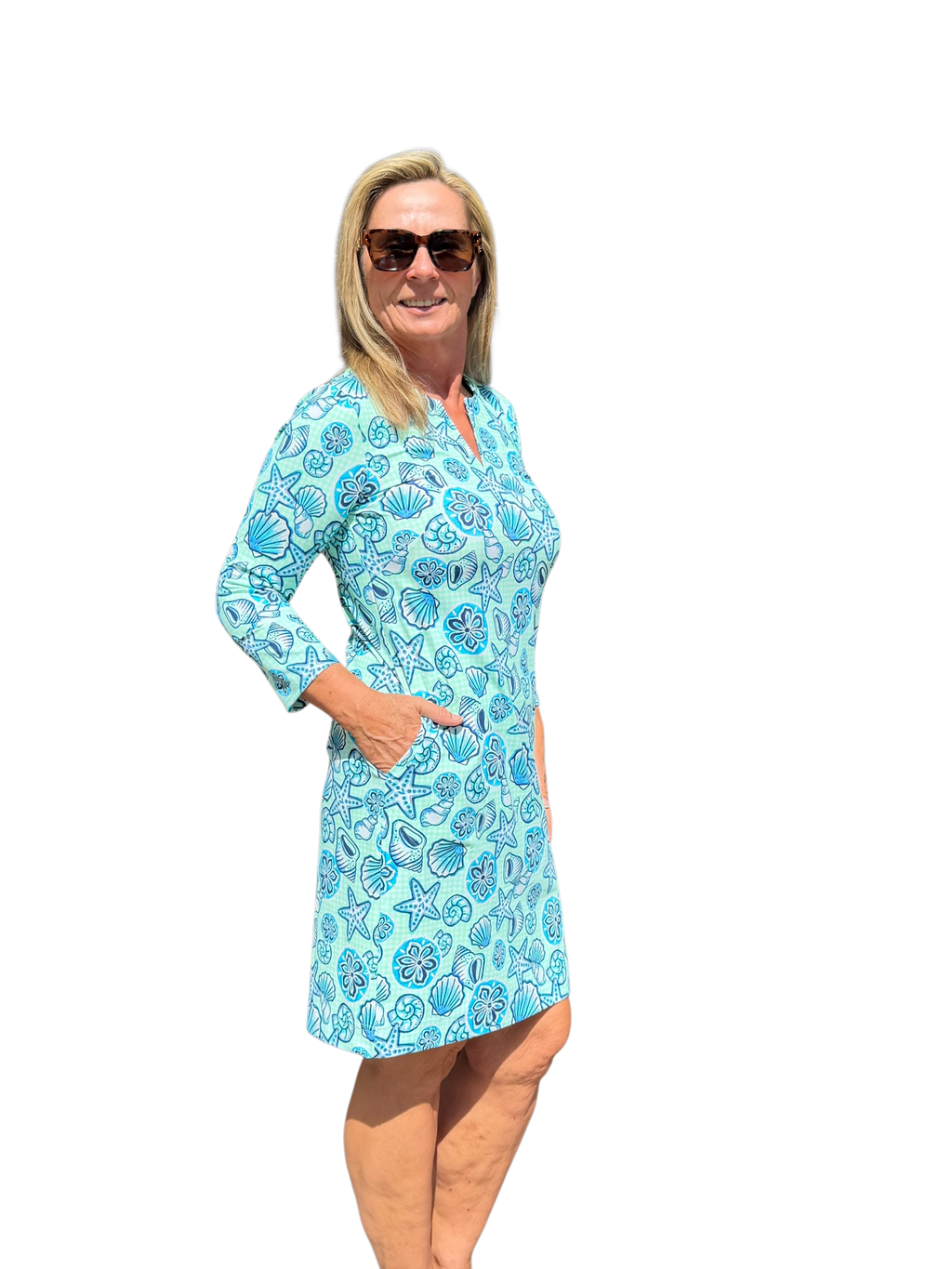 Notched V - Neck Travel Dress with UPF50+ Ocean Shells Blue - Back of the Bay Boutique
