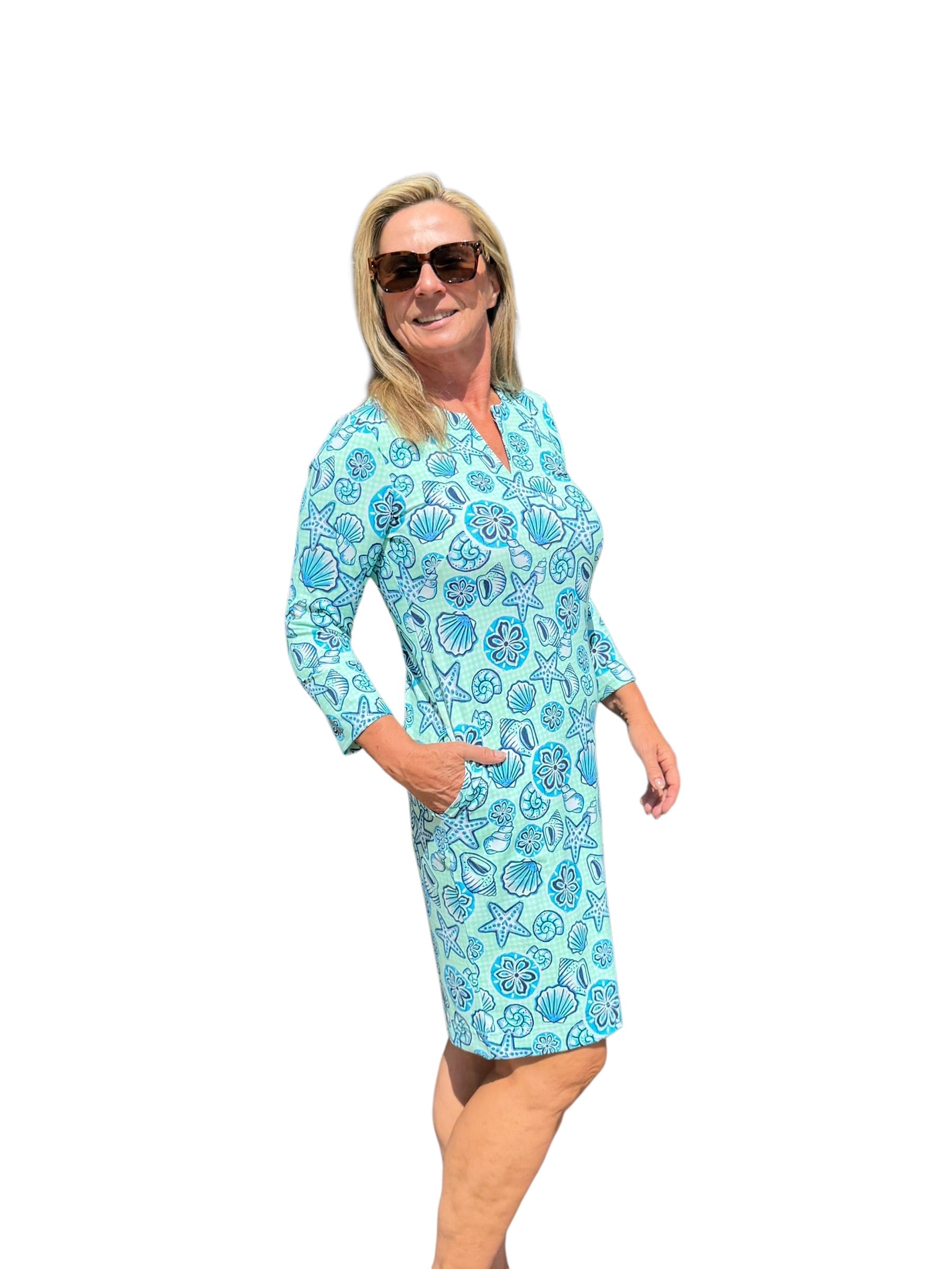 Notched V - Neck Travel Dress with UPF50+ Ocean Shells Blue - Back of the Bay Boutique