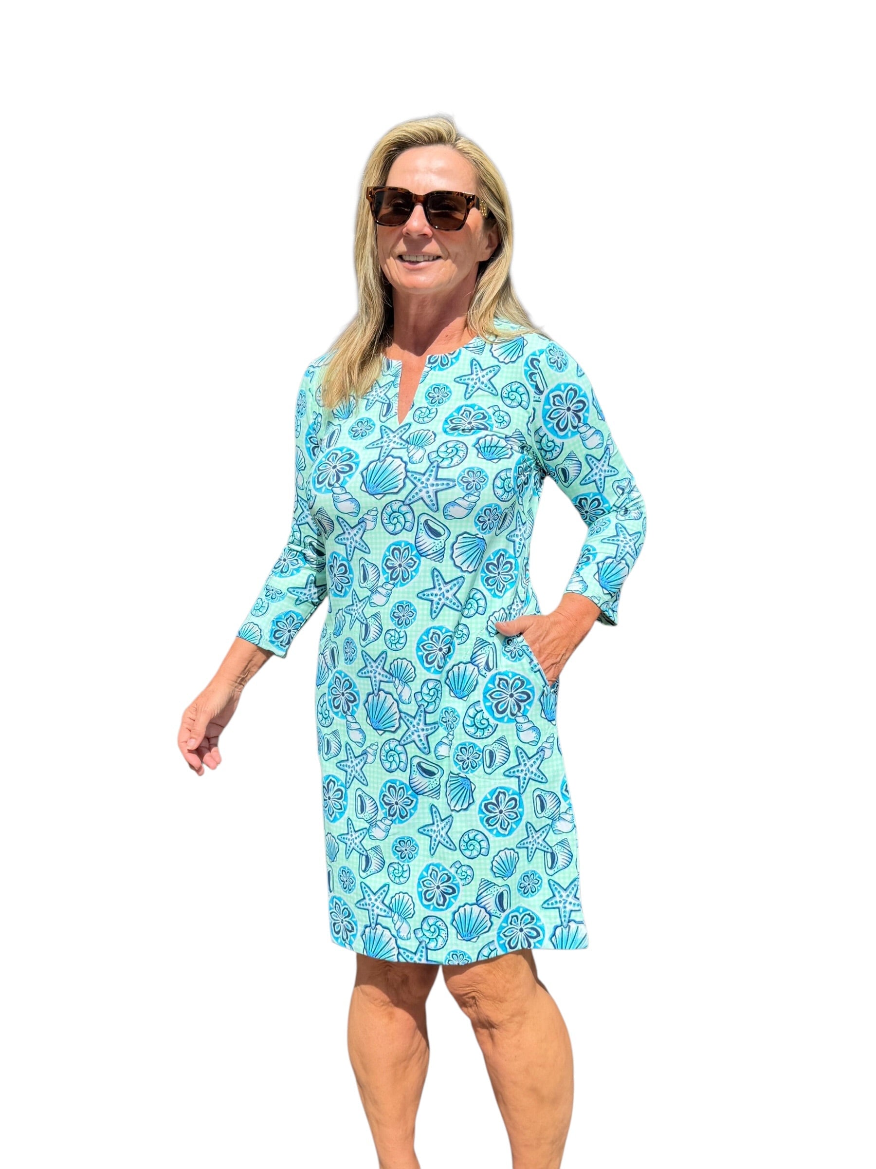 Notched V - Neck Travel Dress with UPF50+ Ocean Shells Blue - Back of the Bay Boutique