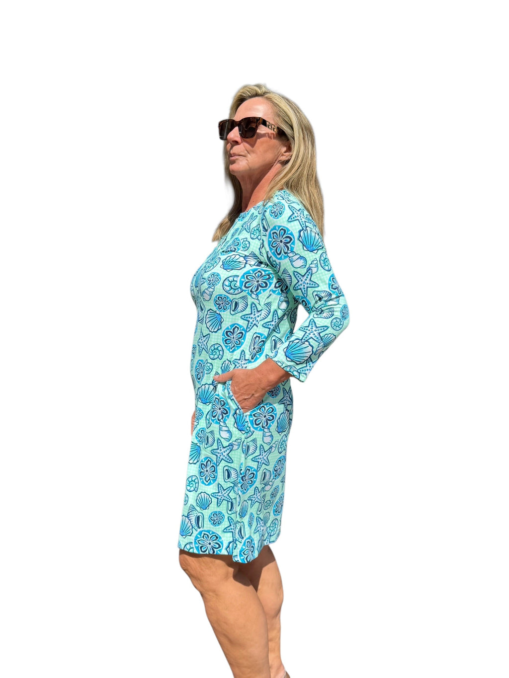Notched V - Neck Travel Dress with UPF50+ Ocean Shells Blue - Back of the Bay Boutique