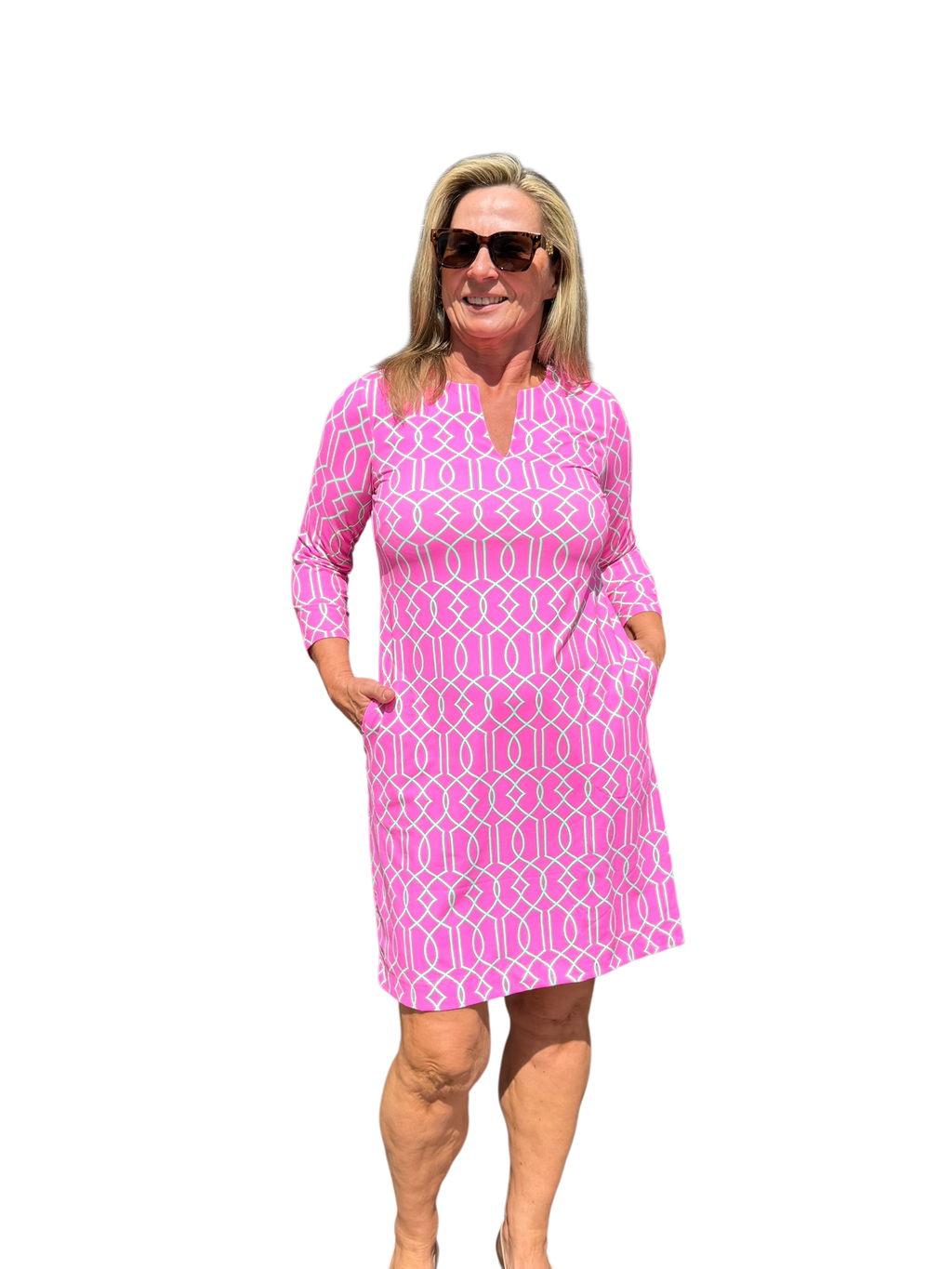Notched V - Neck Travel Dress with UPF50+ Geometric Lines Pink - Back of the Bay Boutique
