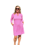 Notched V - Neck Travel Dress with UPF50+ Geometric Lines Pink - Back of the Bay Boutique