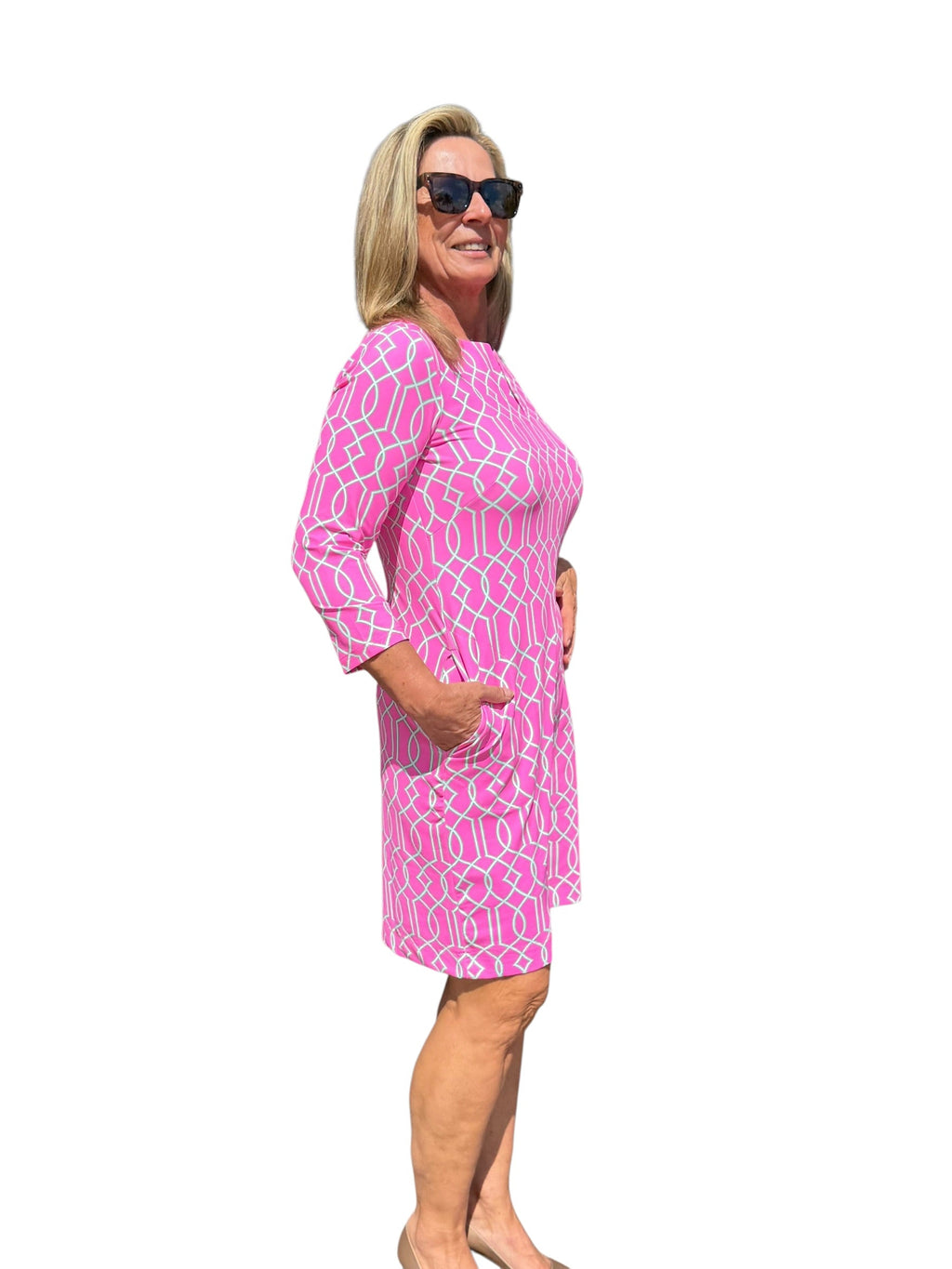 Notched V - Neck Travel Dress with UPF50+ Geometric Lines Pink - Back of the Bay Boutique