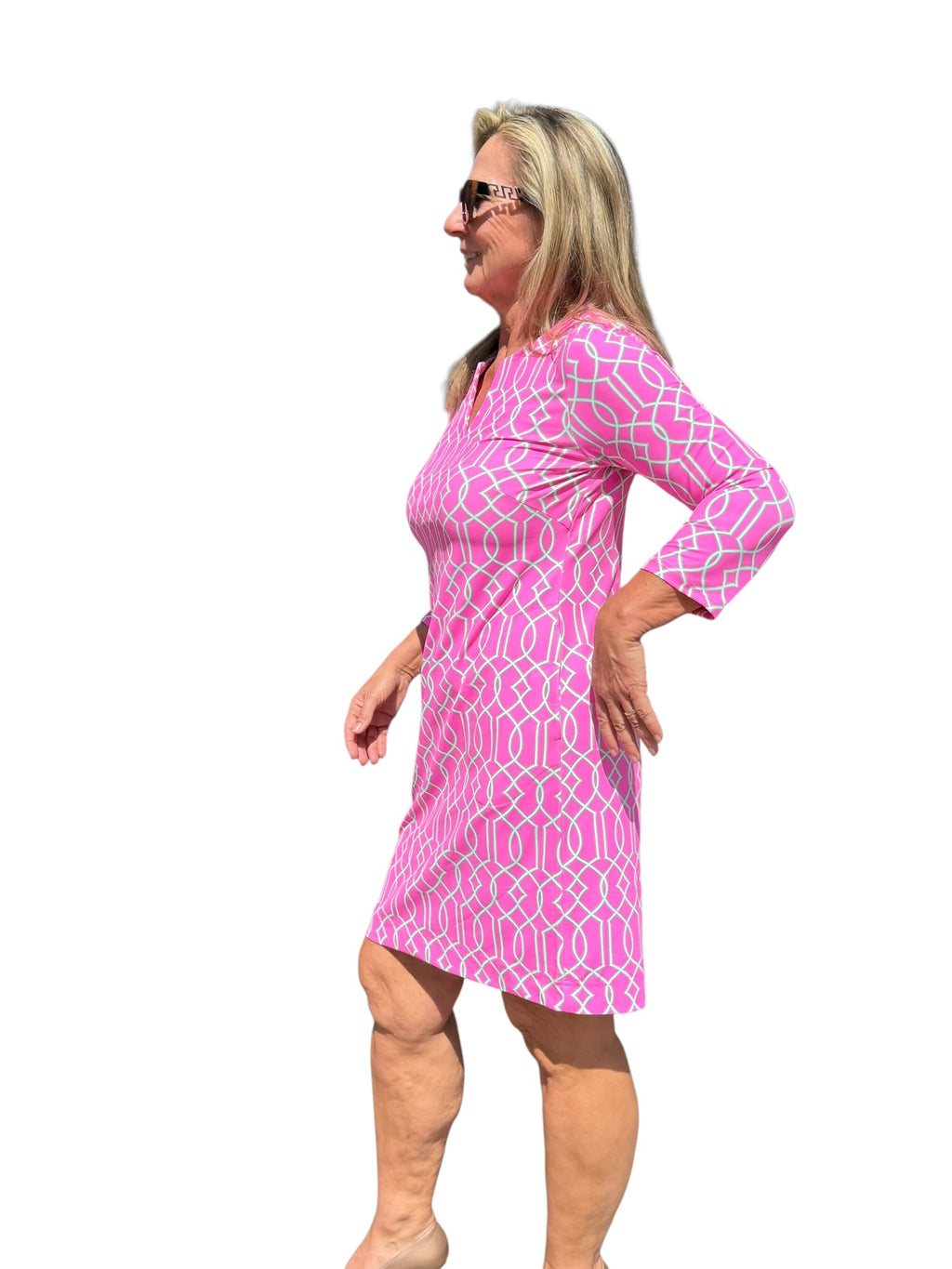 Notched V - Neck Travel Dress with UPF50+ Geometric Lines Pink - Back of the Bay Boutique