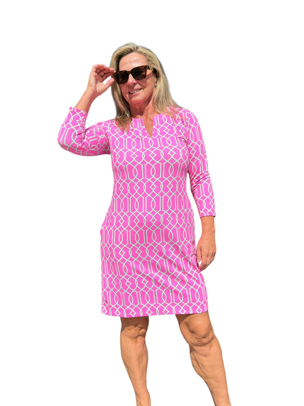 Notched V - Neck Travel Dress with UPF50+ Geometric Lines Pink - Back of the Bay Boutique
