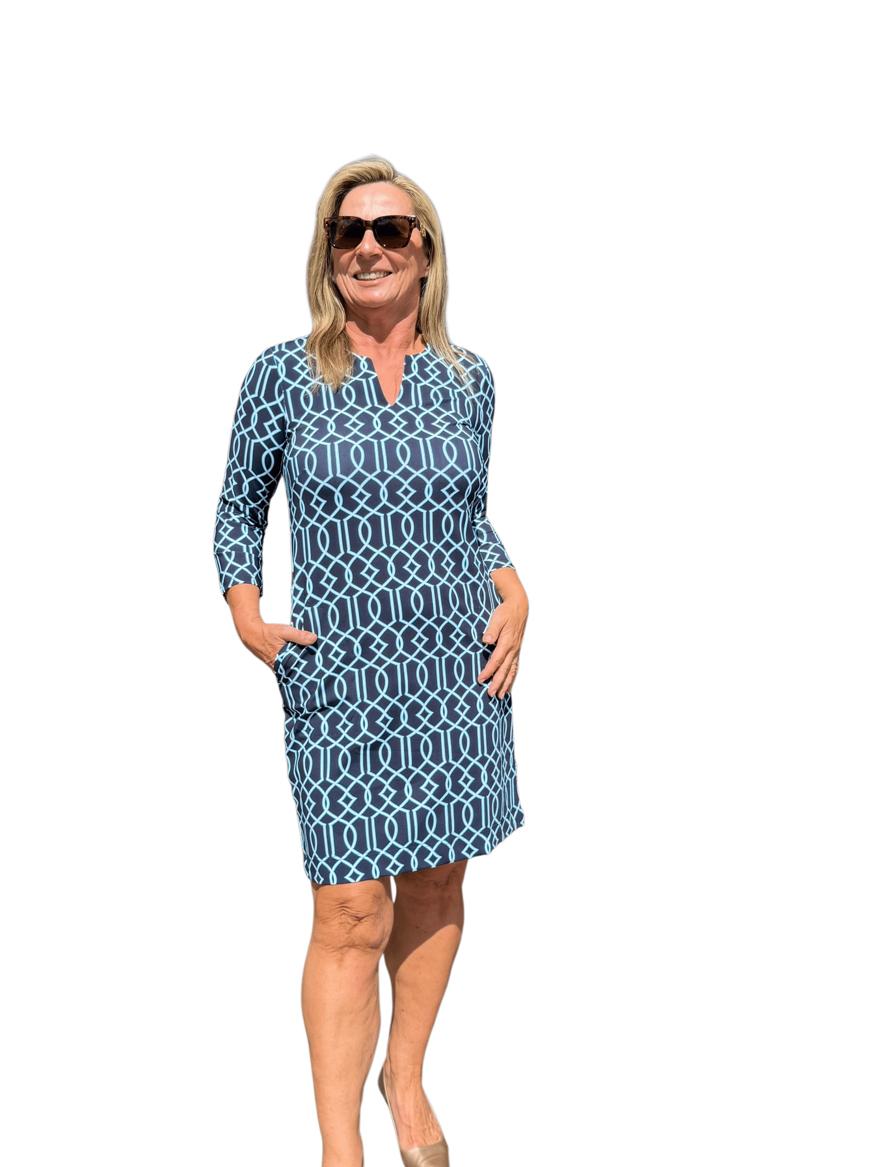 Notched V - Neck Travel Dress with UPF50+ Geometric Lines Navy - Back of the Bay Boutique