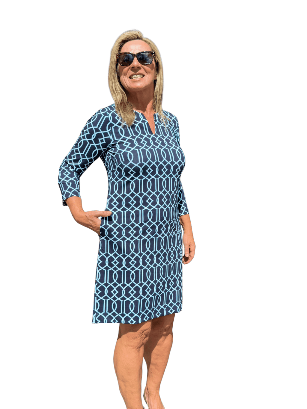 Notched V - Neck Travel Dress with UPF50+ Geometric Lines Navy - Back of the Bay Boutique
