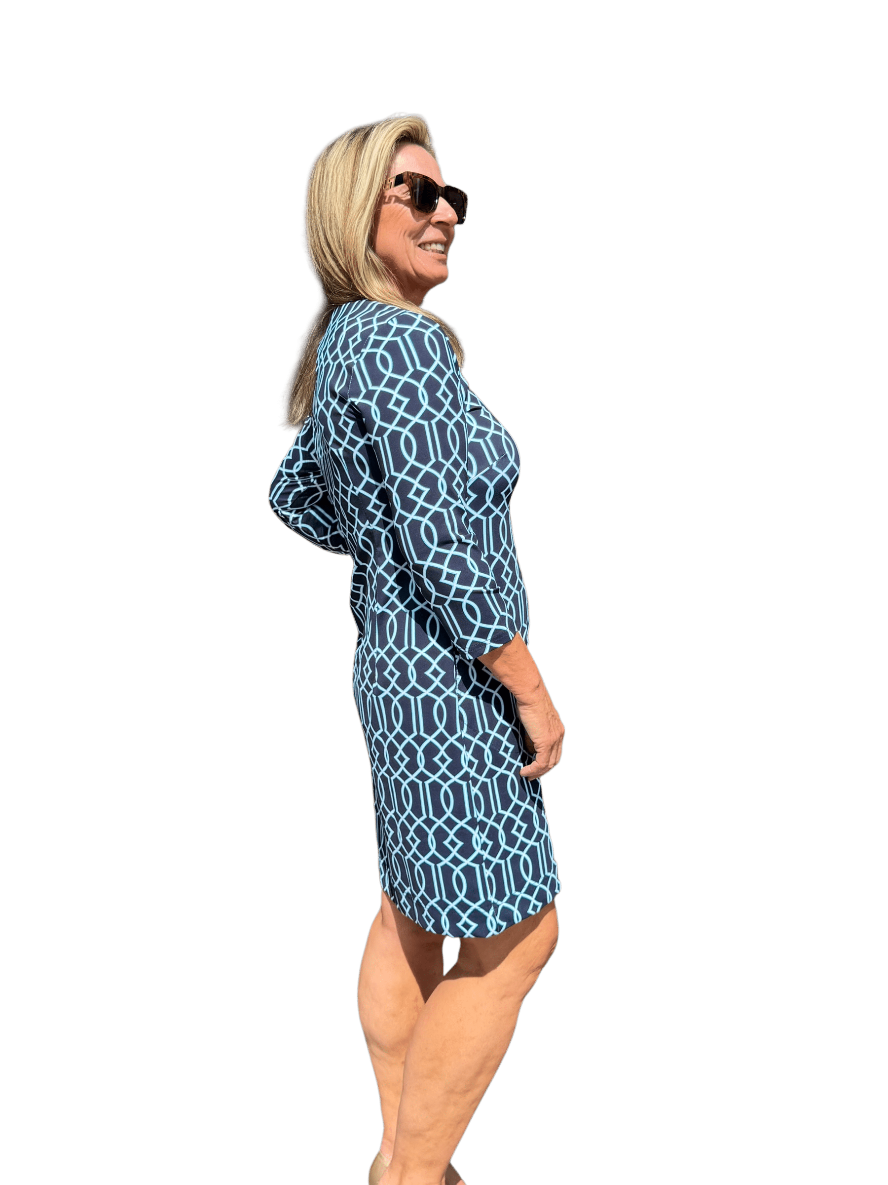 Notched V - Neck Travel Dress with UPF50+ Geometric Lines Navy - Back of the Bay Boutique
