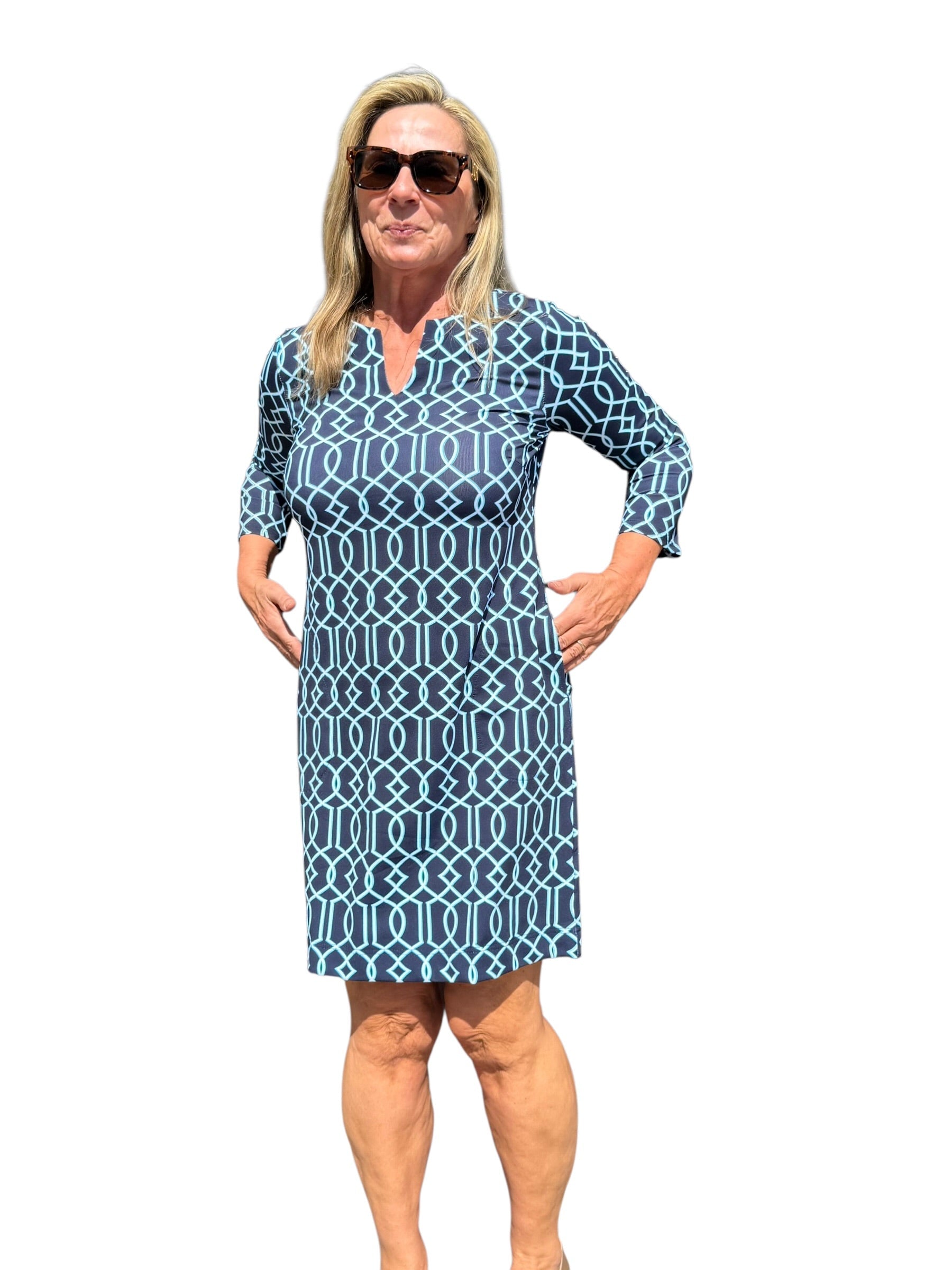 Notched V - Neck Travel Dress with UPF50+ Geometric Lines Navy - Back of the Bay Boutique