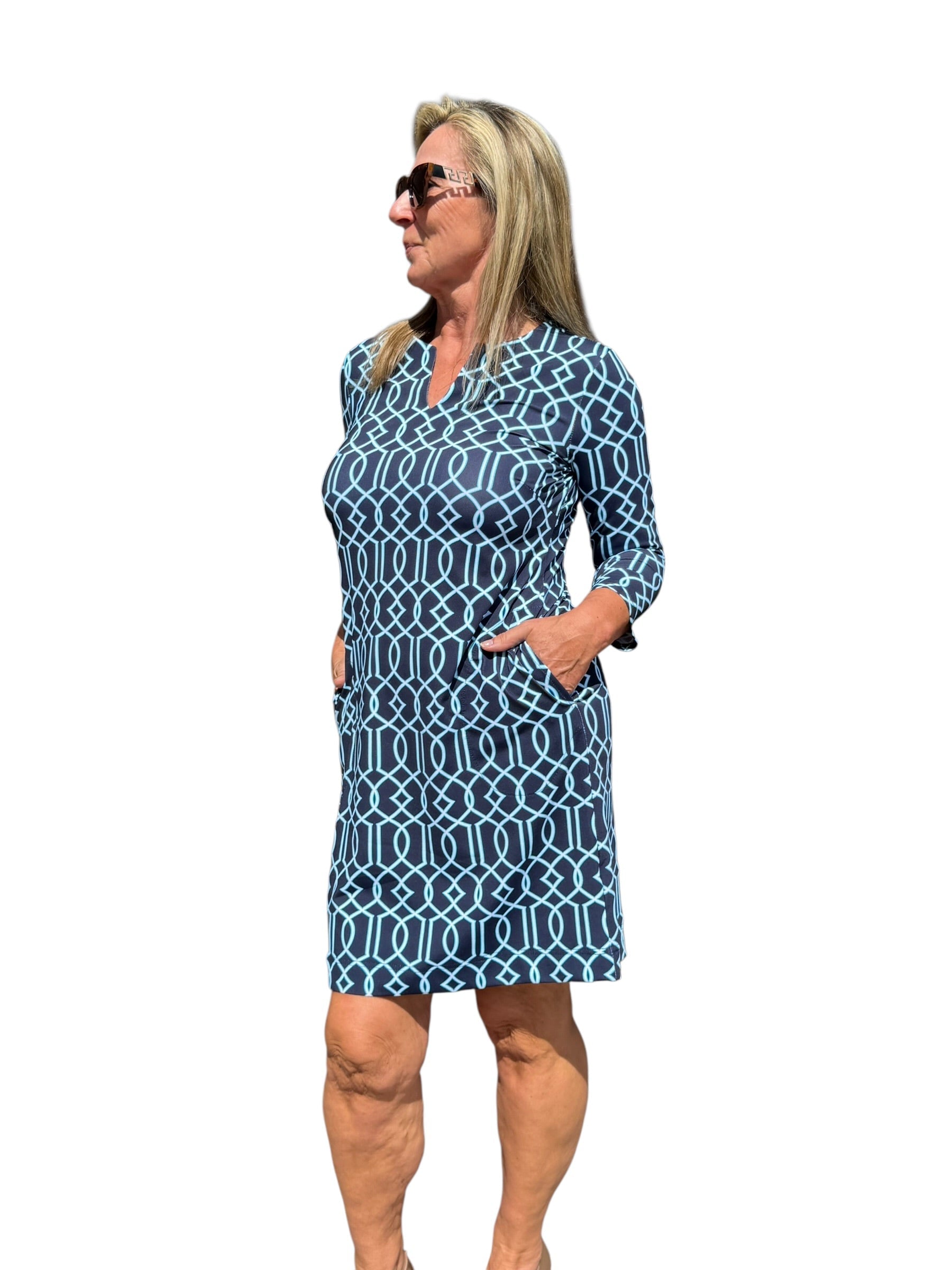 Notched V - Neck Travel Dress with UPF50+ Geometric Lines Navy - Back of the Bay Boutique