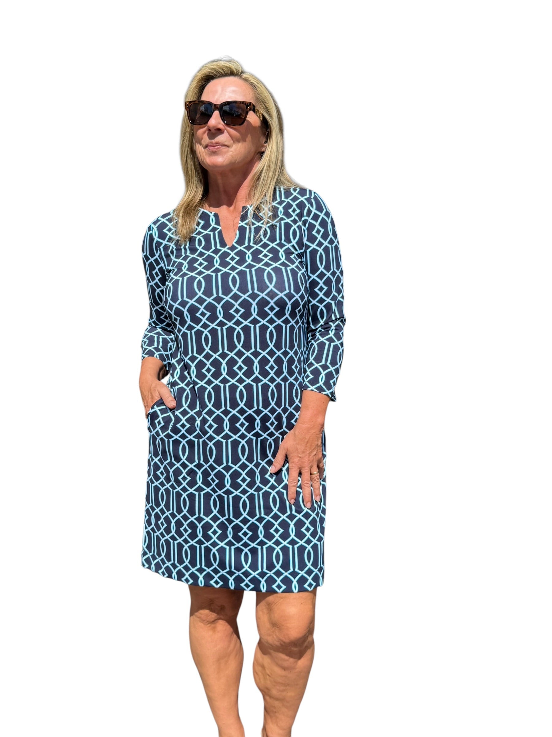 Notched V - Neck Travel Dress with UPF50+ Geometric Lines Navy - Back of the Bay Boutique