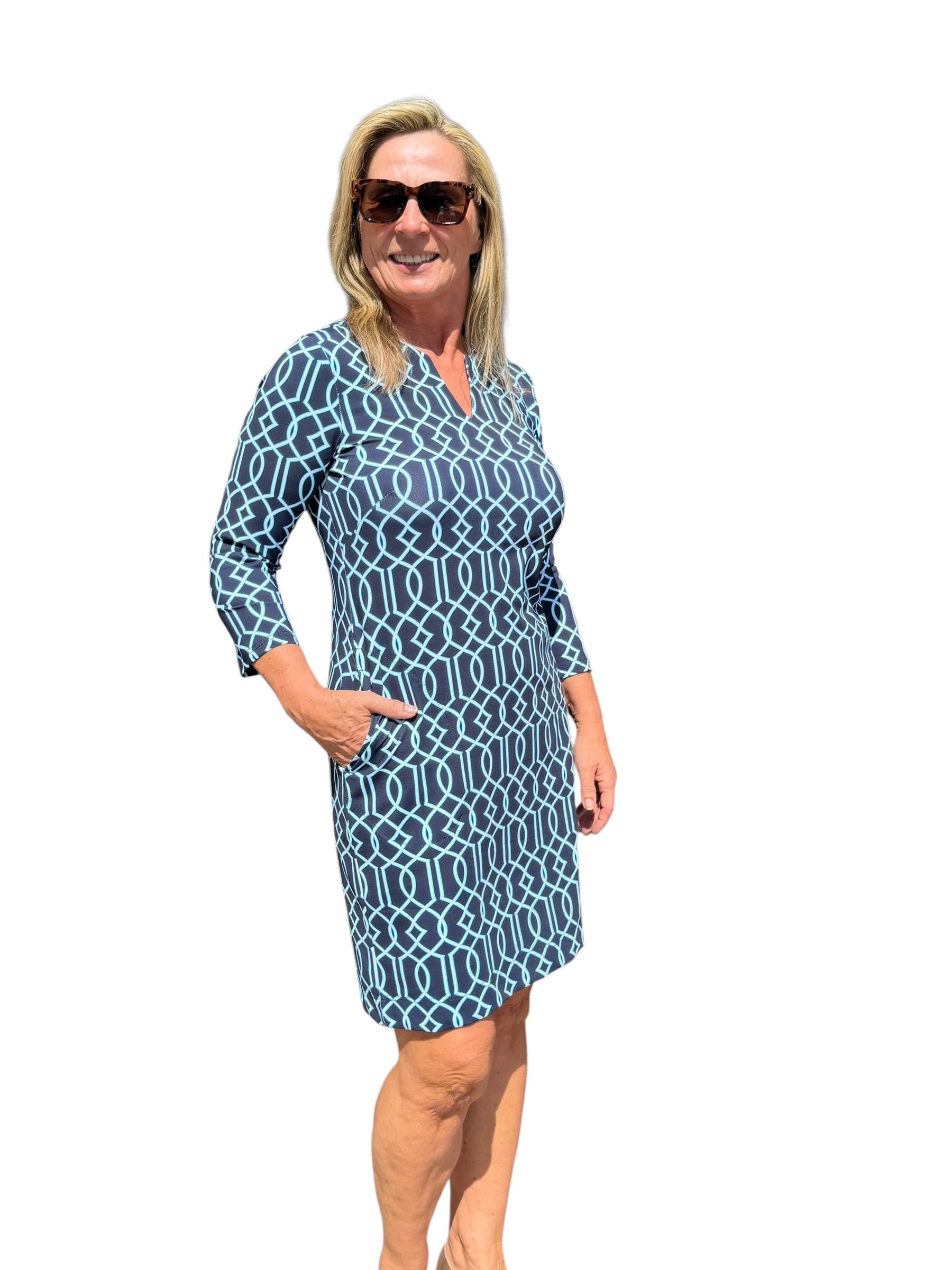 Notched V - Neck Travel Dress with UPF50+ Geometric Lines Navy - Back of the Bay Boutique