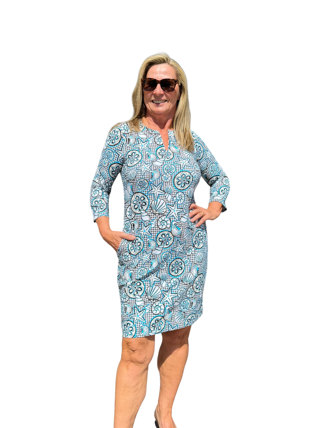 Notched V - Neck Travel Dress with UPF50+ Ocean Shells Black - Back of the Bay Boutique