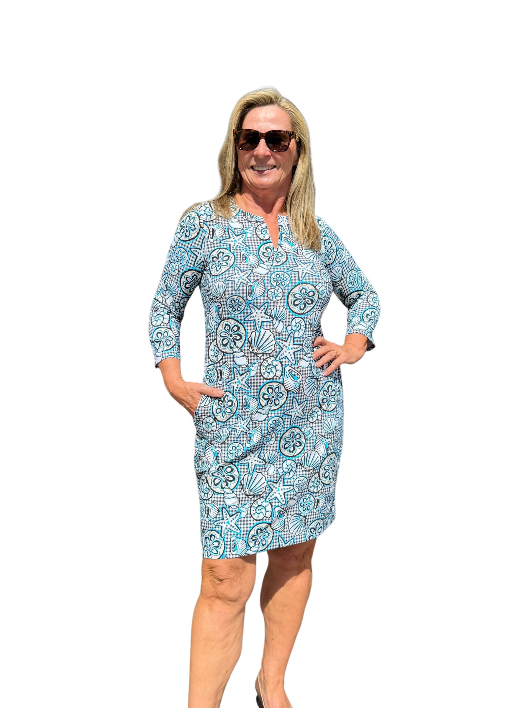Notched V - Neck Travel Dress with UPF50+ Ocean Shells Black - Back of the Bay Boutique