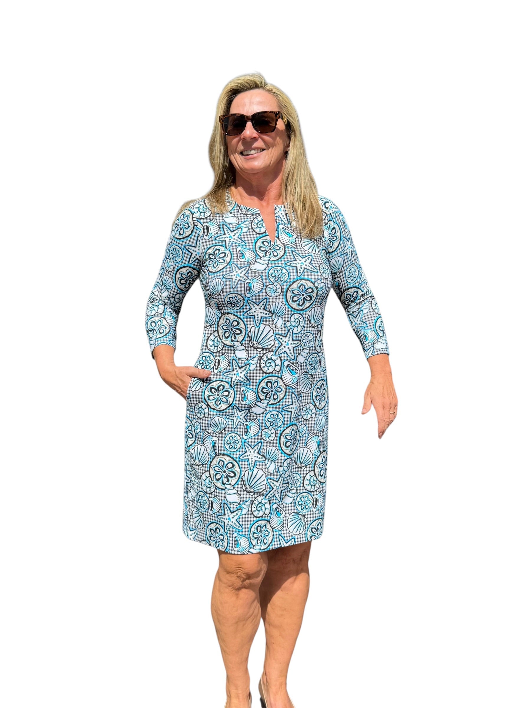 Notched V - Neck Travel Dress with UPF50+ Ocean Shells Black - Back of the Bay Boutique