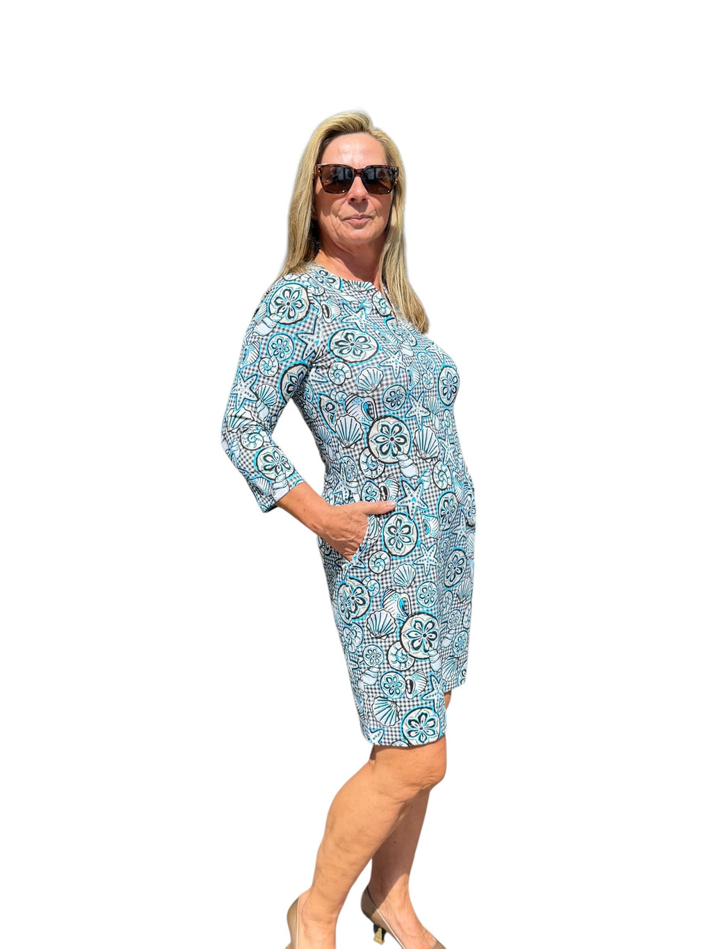 Notched V - Neck Travel Dress with UPF50+ Ocean Shells Black - Back of the Bay Boutique