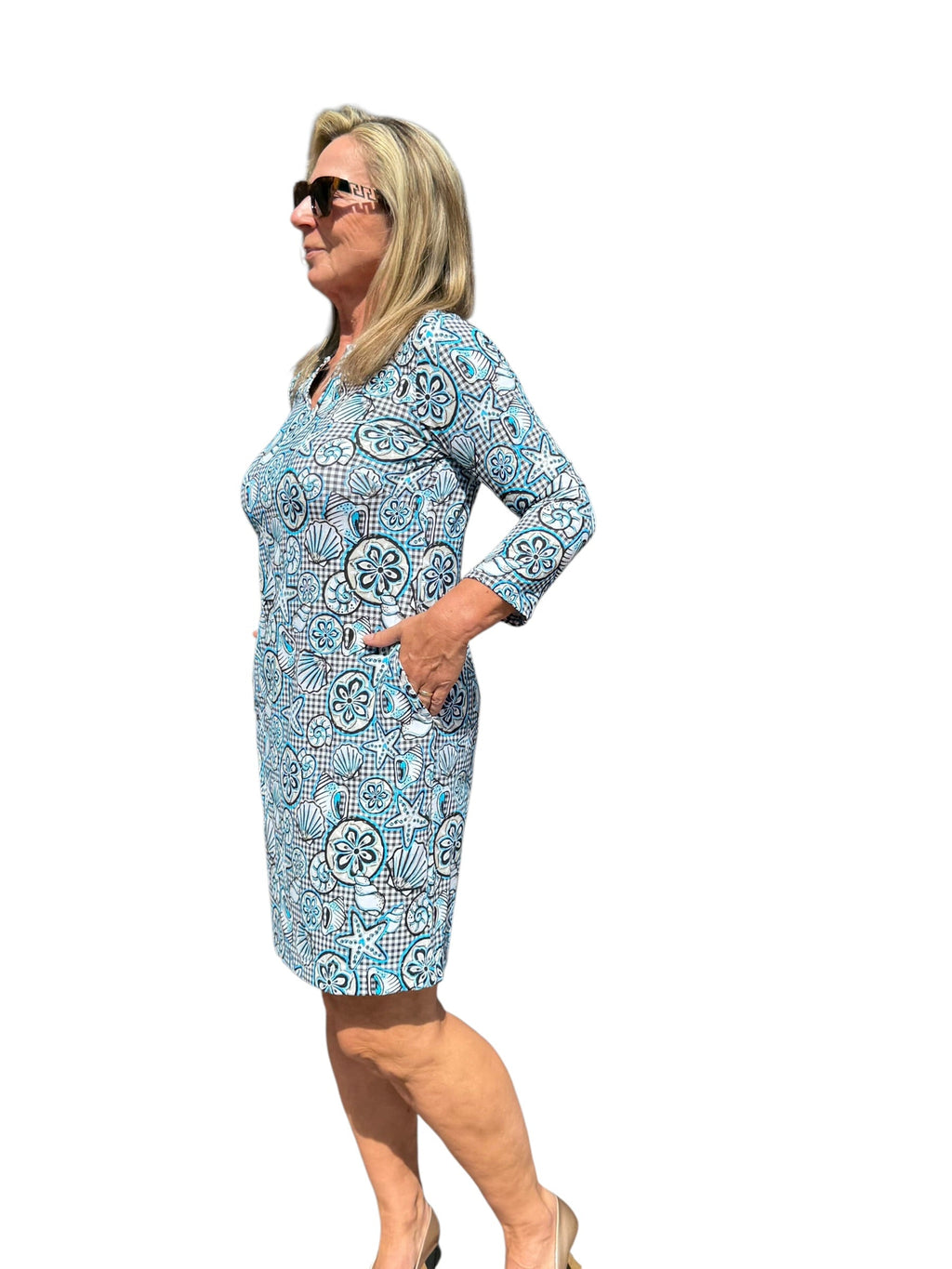 Notched V - Neck Travel Dress with UPF50+ Ocean Shells Black - Back of the Bay Boutique