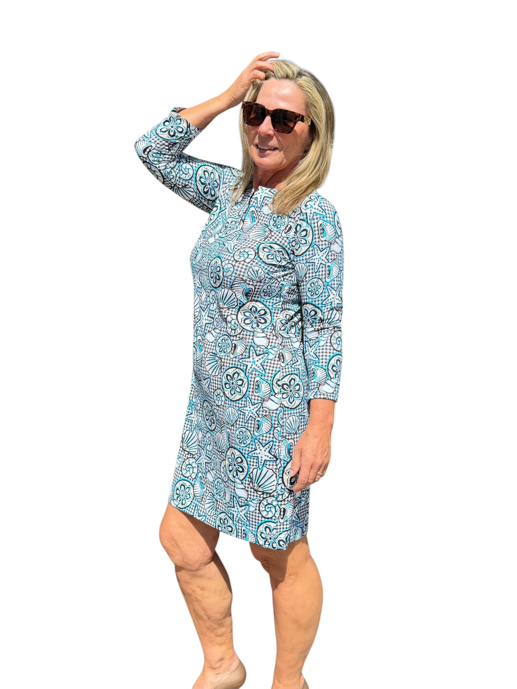 Notched V - Neck Travel Dress with UPF50+ Ocean Shells Black - Back of the Bay Boutique